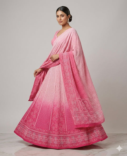 Ombré peach and pink Chikankari Pearl Sequins Lehenga