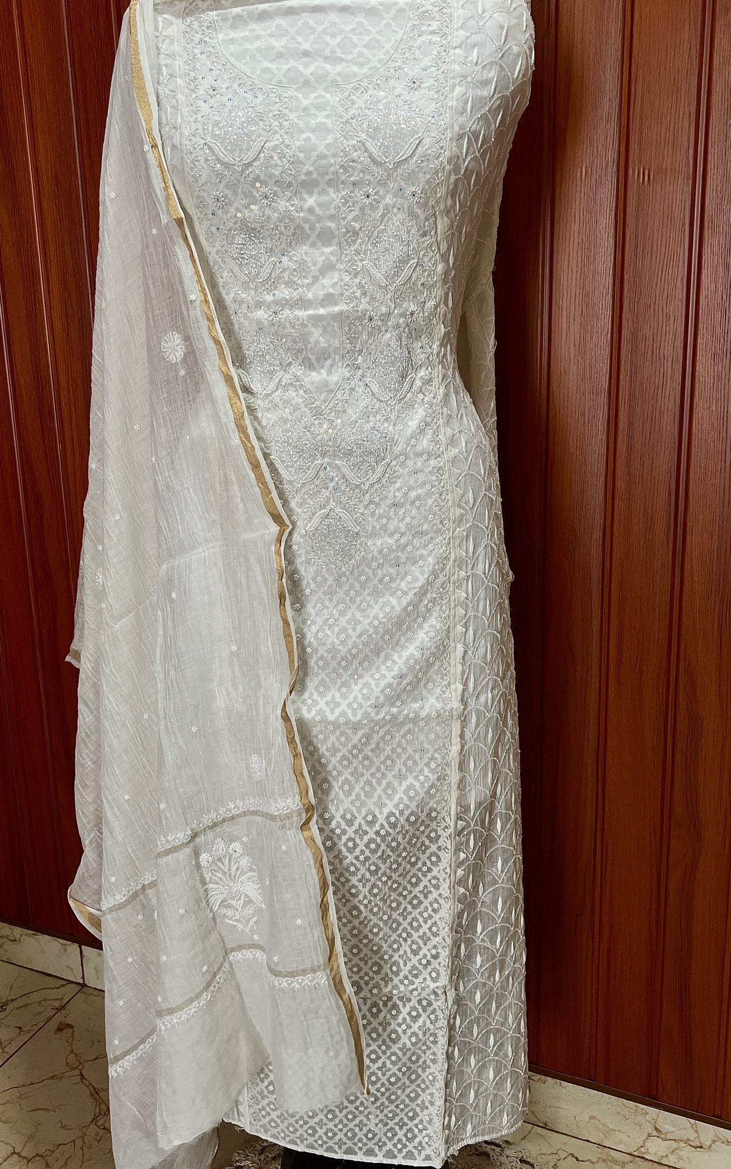 Ivory pearl and cut dana work mulmul kurta with dupatta