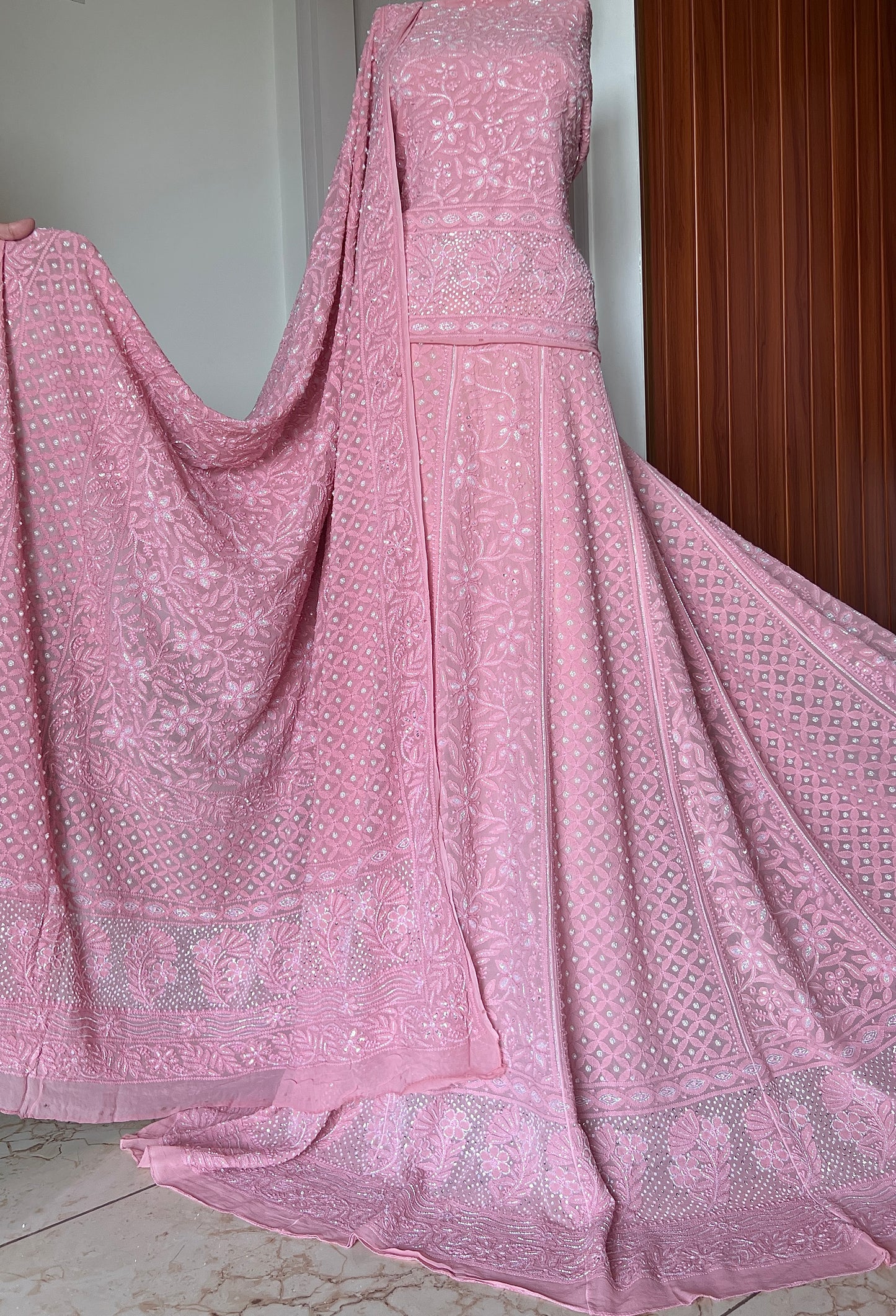 Onion pink Chikankari Cut Dana Pearl Sequins Lehenga
