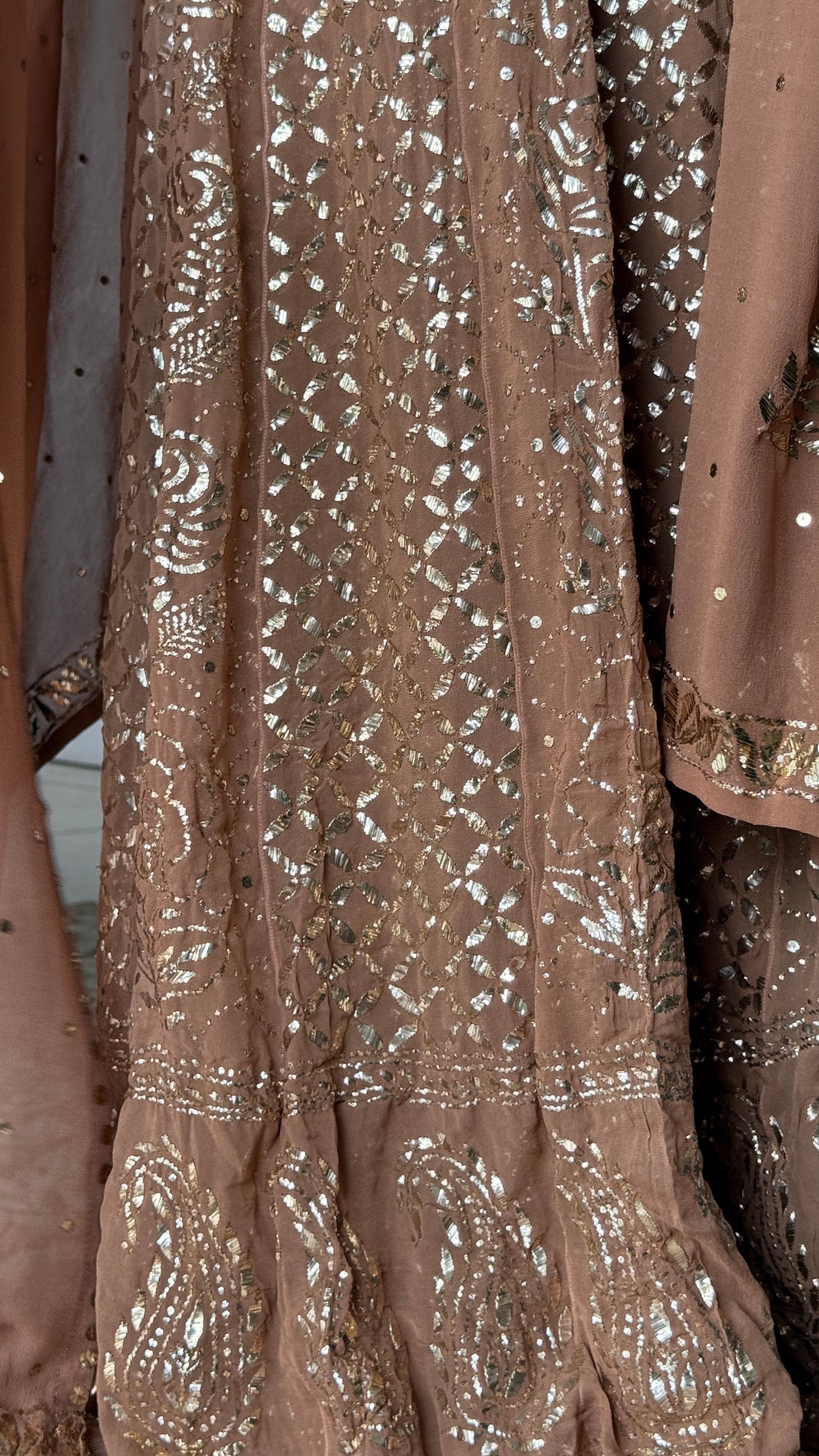 Ruhani cocoa brown heavy badla and Mukaish pure Georgette anarkali and dupatta