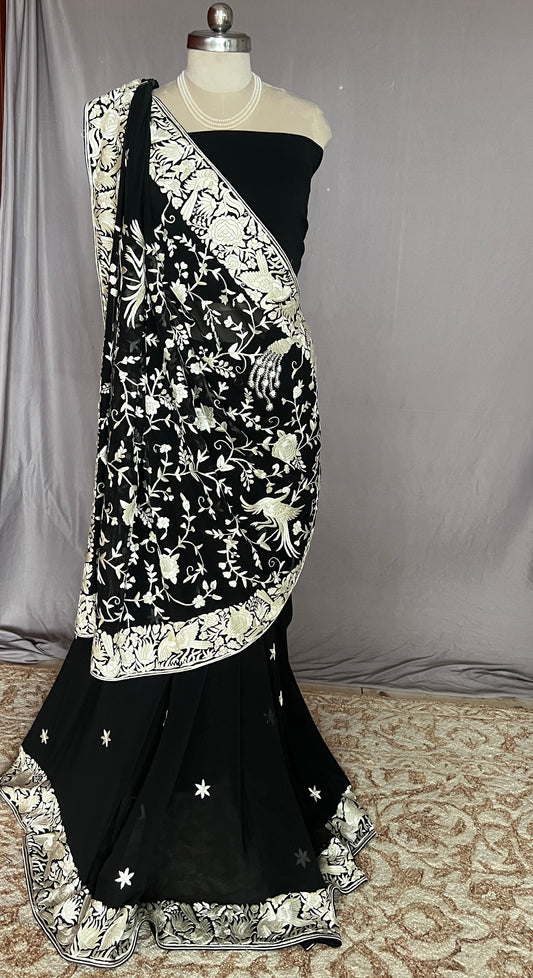 Black Parsi Gara Pure Georgette Saree