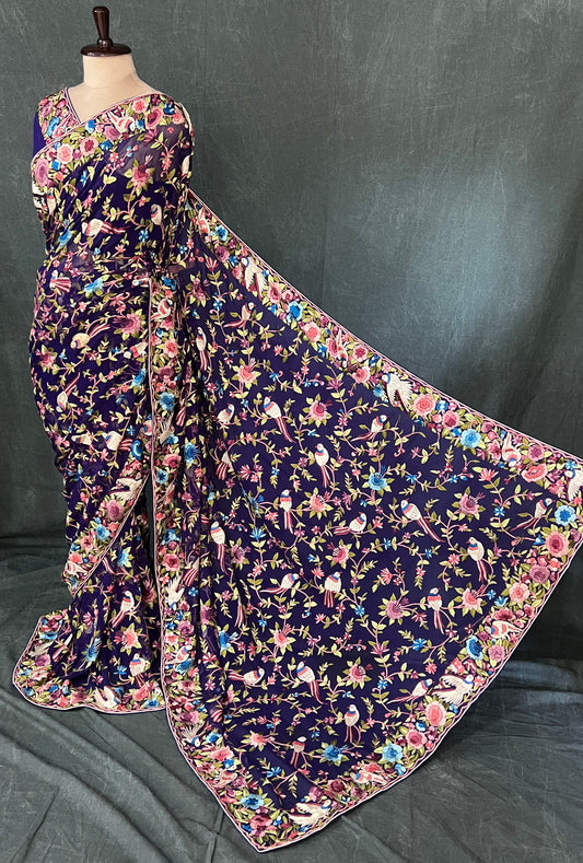 Indigo Blue Masterpiece Parsi Gara Pure Georgette Saree (Copy)