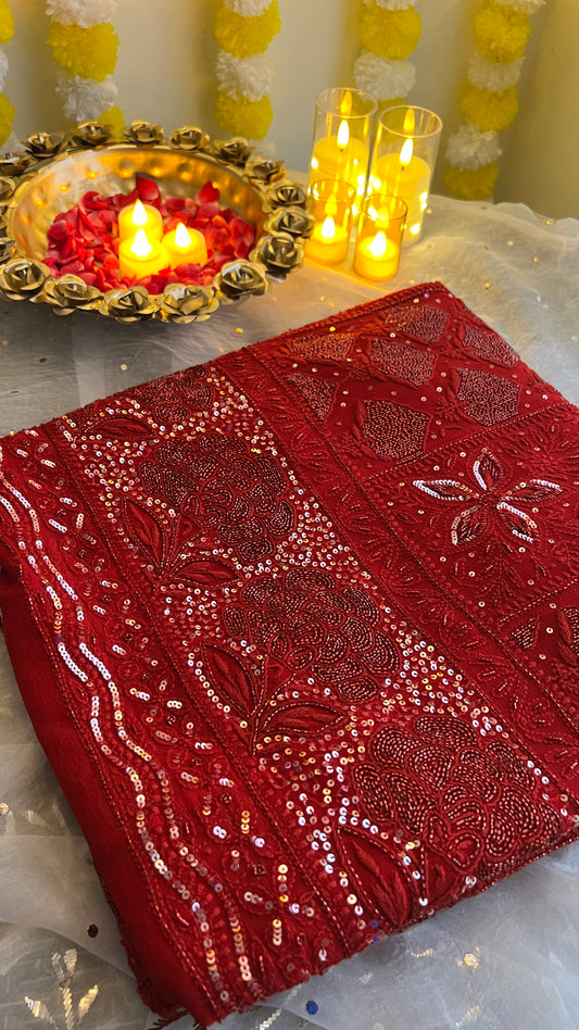 Reddish Maroon Chikankari Sequins and Cut Dana Anarkali