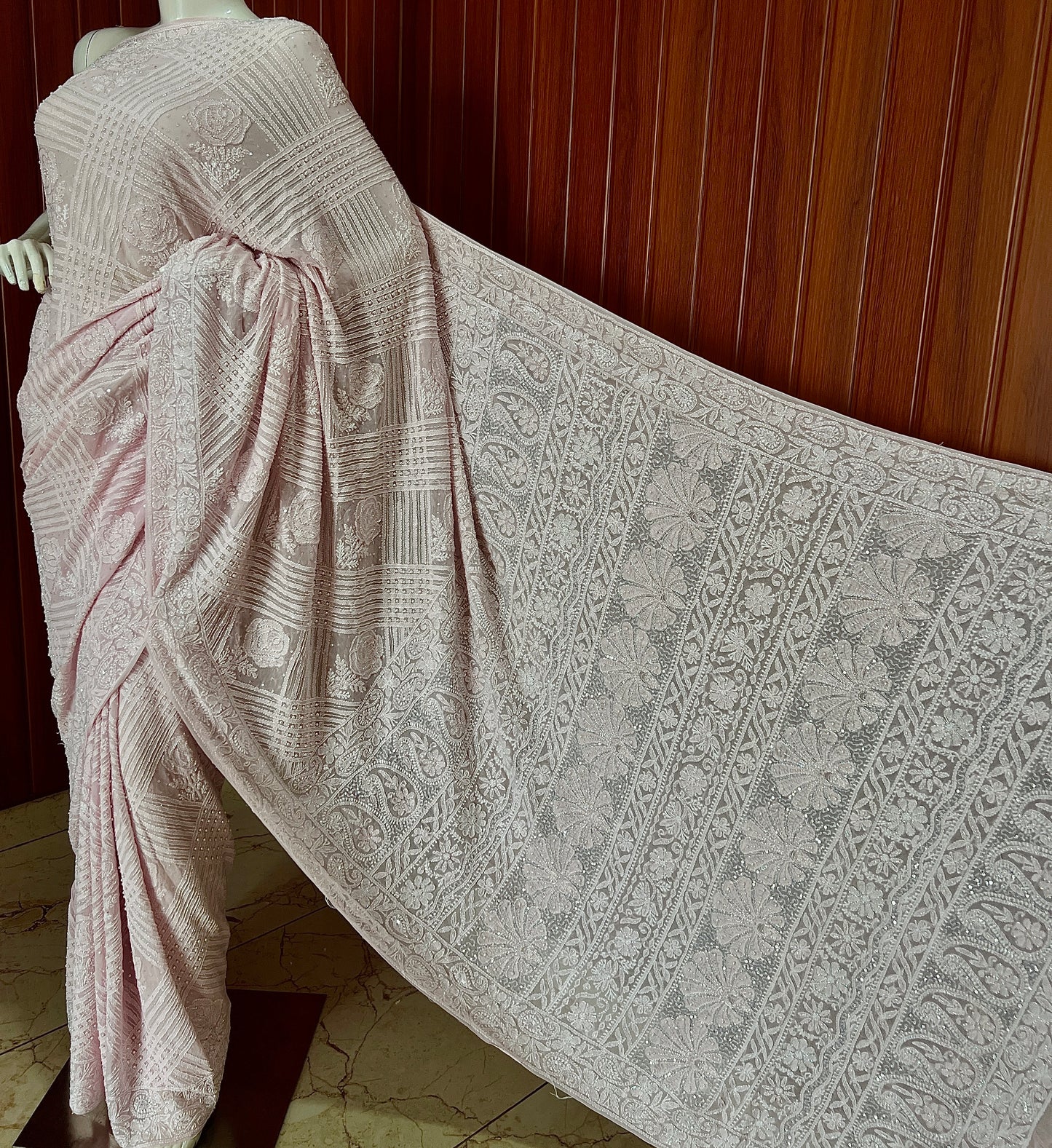Ruhani Light Pink Chikankari Cut Dana Pearl and Sequins Masterpiece Saree