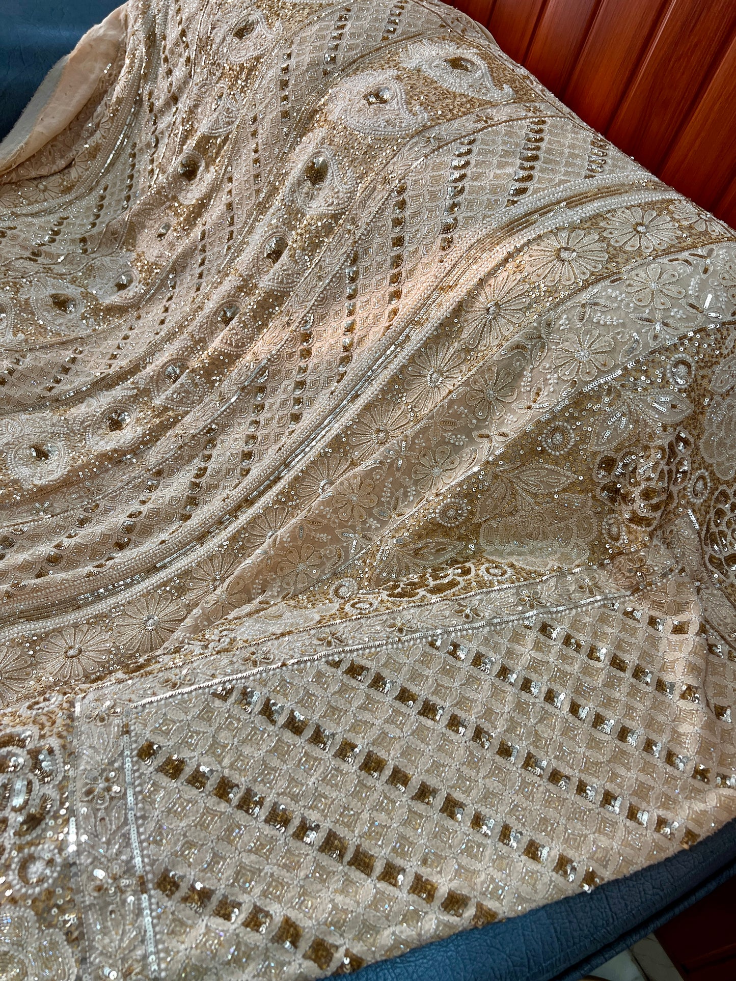 Ruhani Golden Beige Chikankari Sequins Cut Dana Embroidered Masterpiece Saree