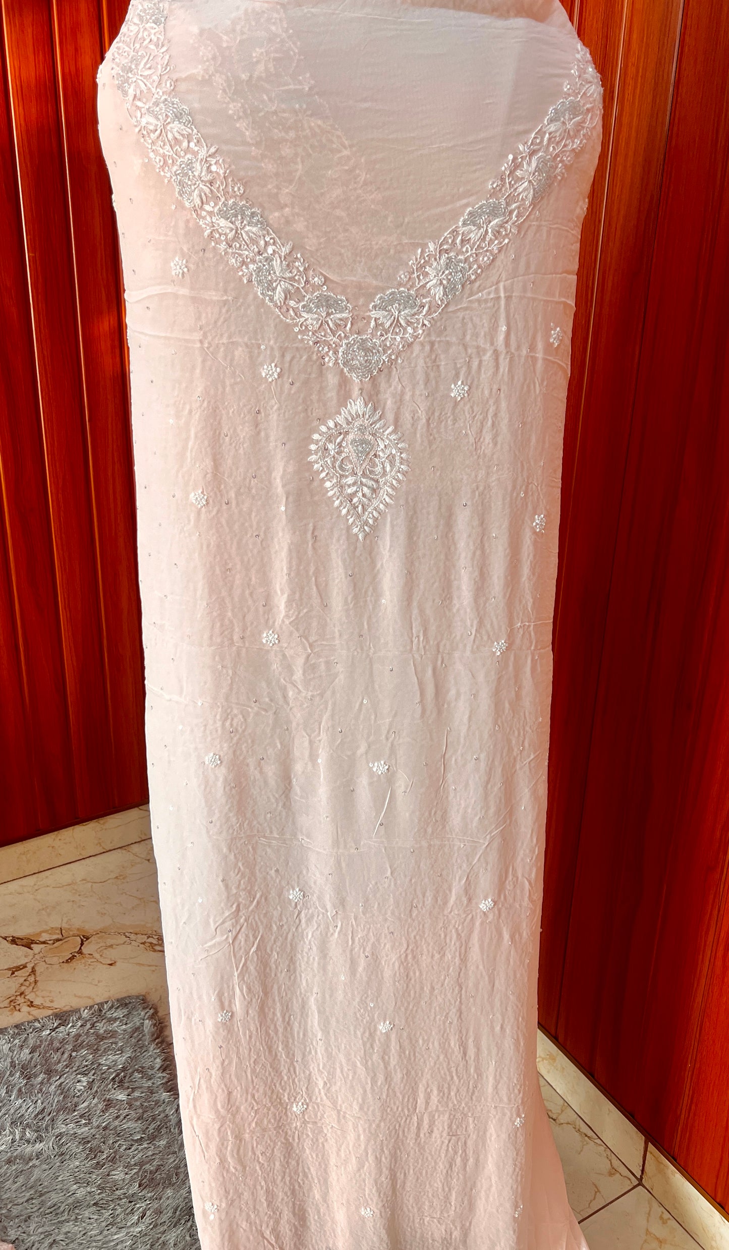 Ruhani Peach Suit with Chikankari Sequins Pearl and Cut Dana