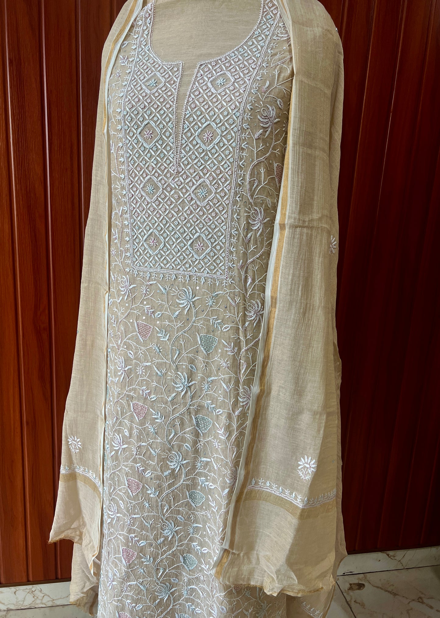 Pure Tissue Chikankari and pearl embroidered kurta and dupatta