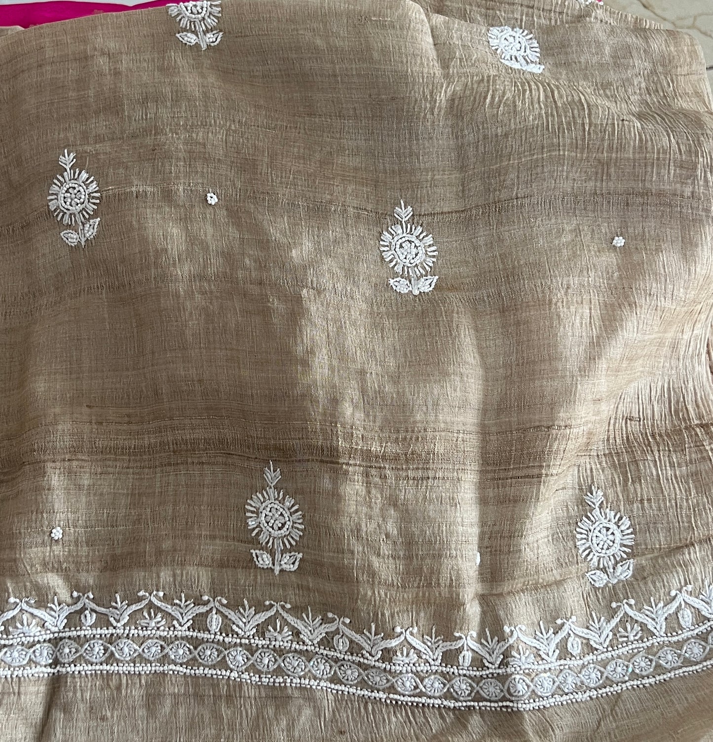 Pure Tussar silk Chikankari and pearl embroidered kurta and dupatta