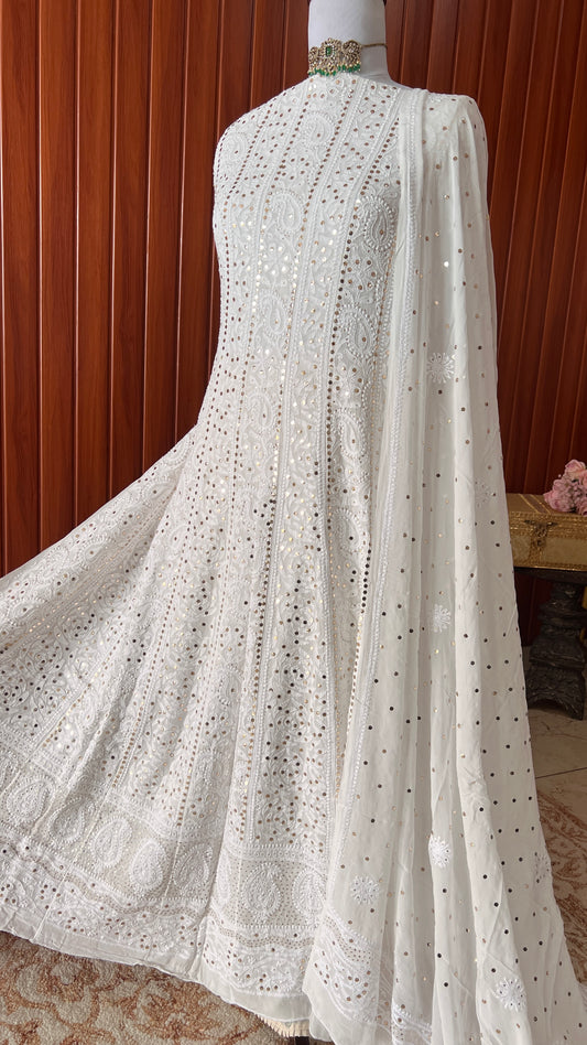 White allover Chikankari and mukaish anarkali with dupatta