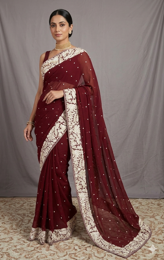 Maroon Pure Georgette Parsi Gara Hand Embroidered Saree