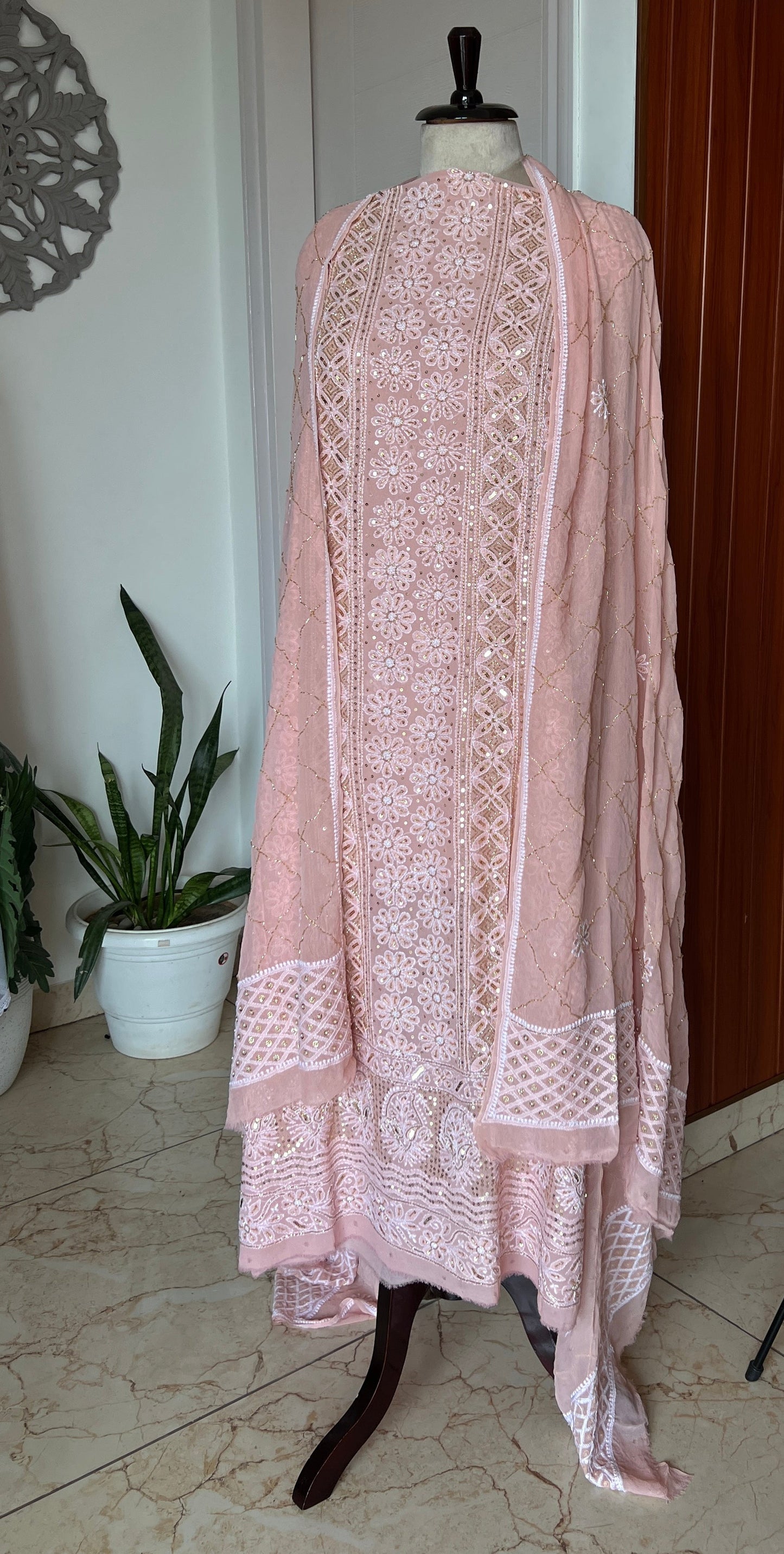Ruhani Blush Peach Chikankari golden cut dana sequins kurta and dupatta