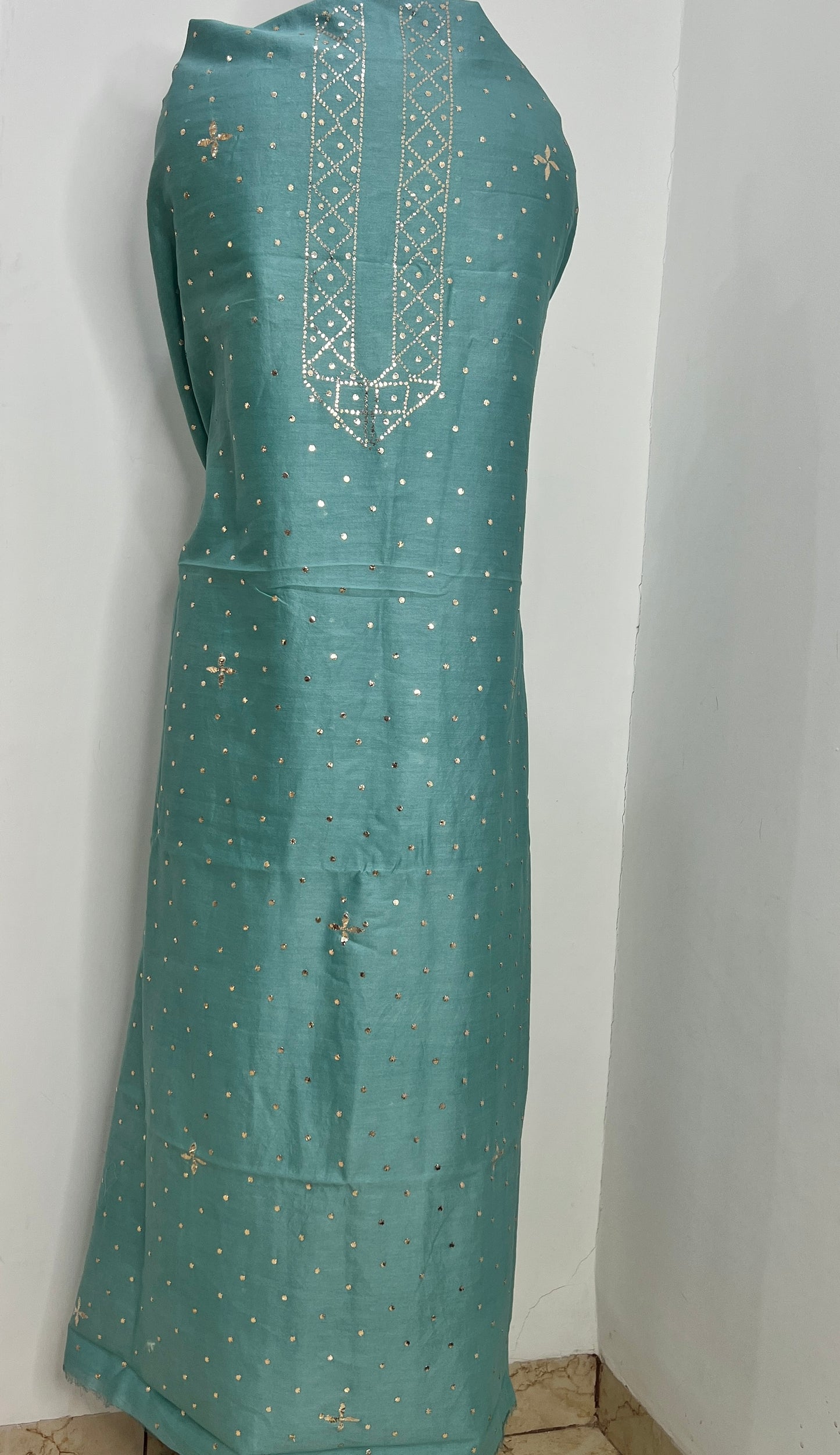 Sage Chanderi Silk Kurta Fabric with Allover Mukaish work