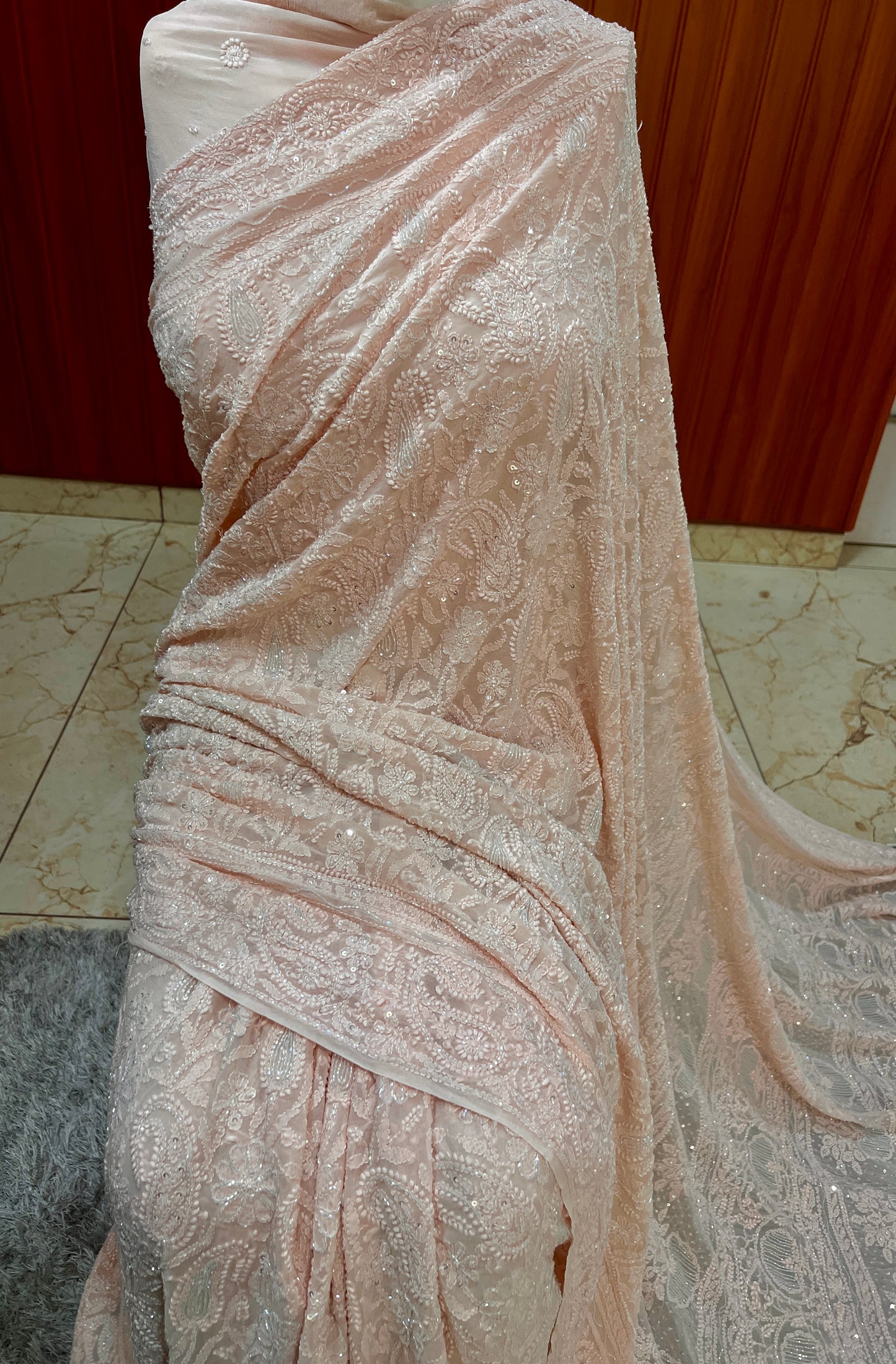 Ruhani Soft Peach Chikankari and Cut Dana Saree