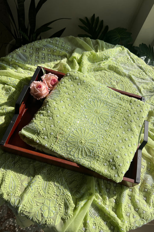 Lime Green Chikankari Cut Dana and Pearl Lehenga