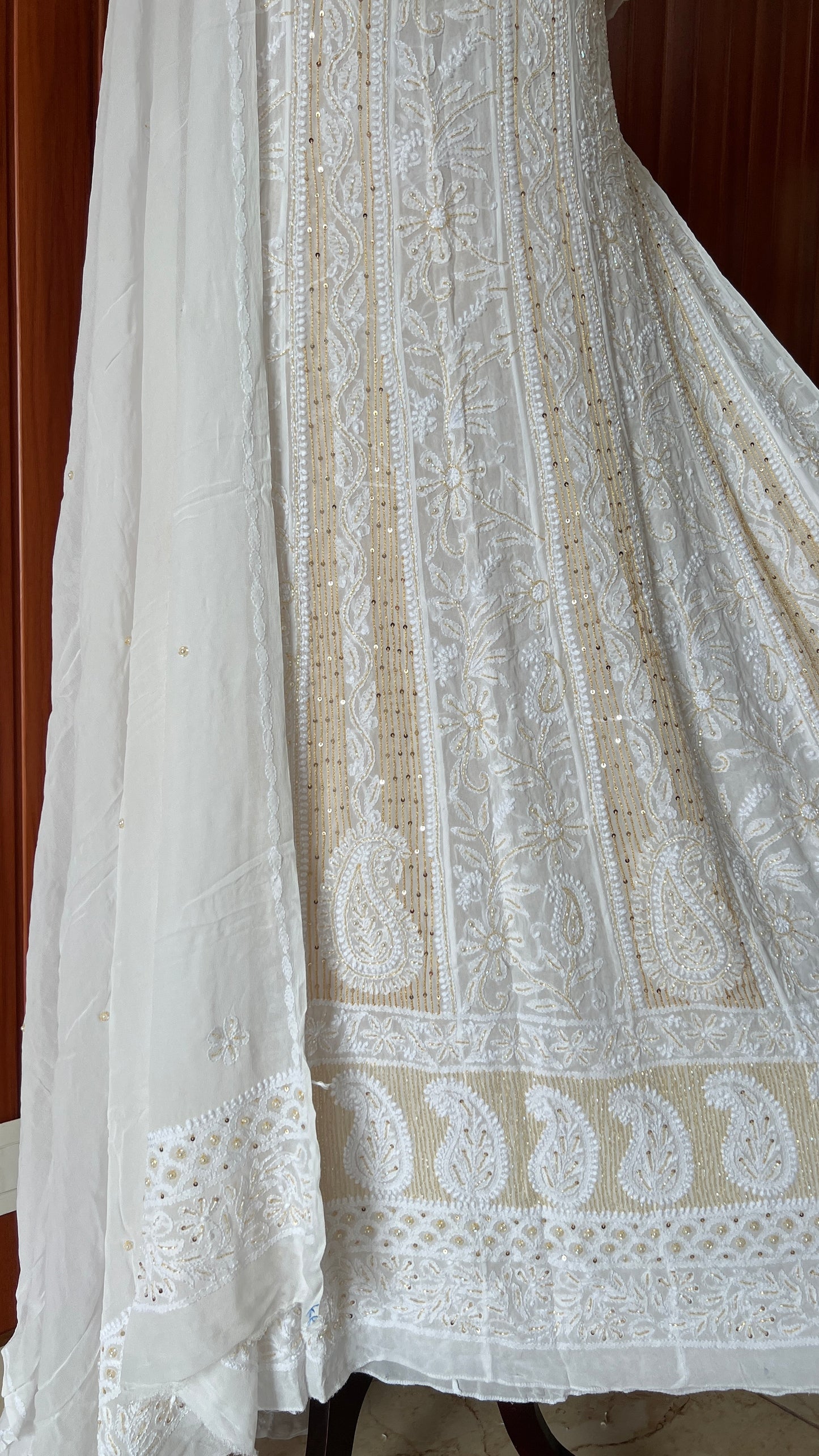 White Chikankari Sequins Cut Dana Anarkali with Dupatta