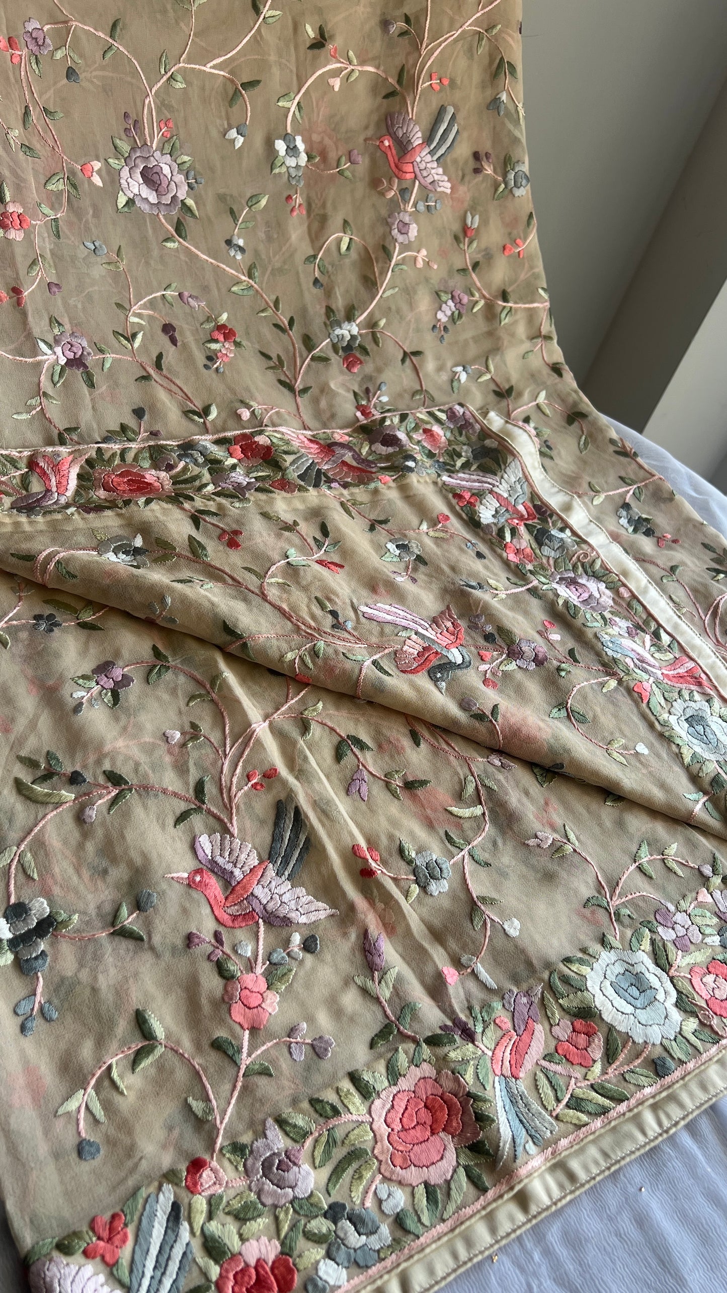 Beige Parsi Gara Hand Embroidered Dupatta