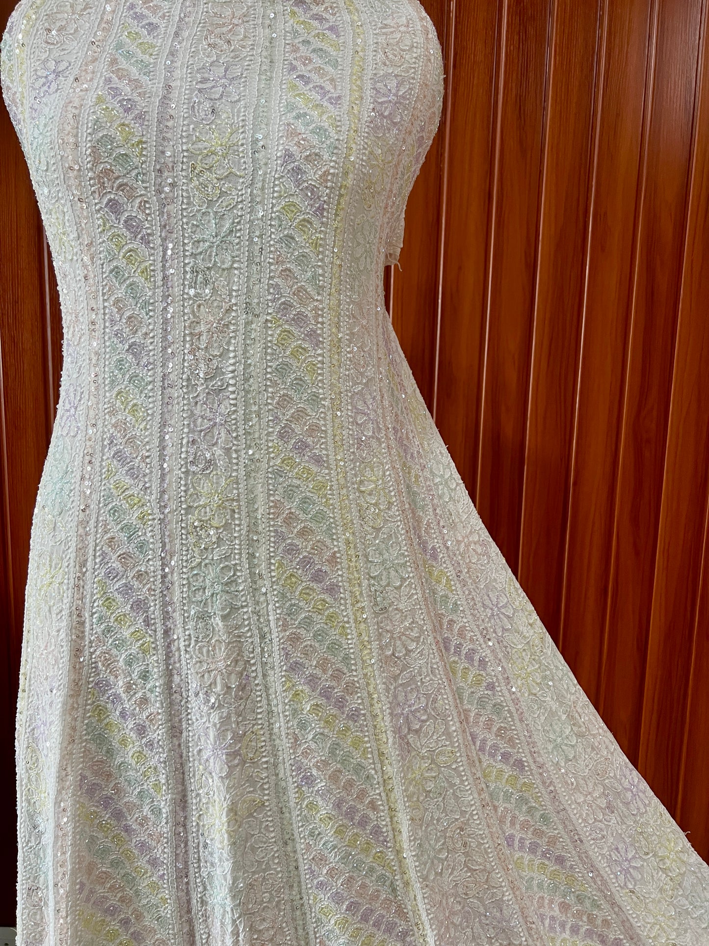 Ivory Chikankari multicolored Sequins and Cut Dana Anarkali
