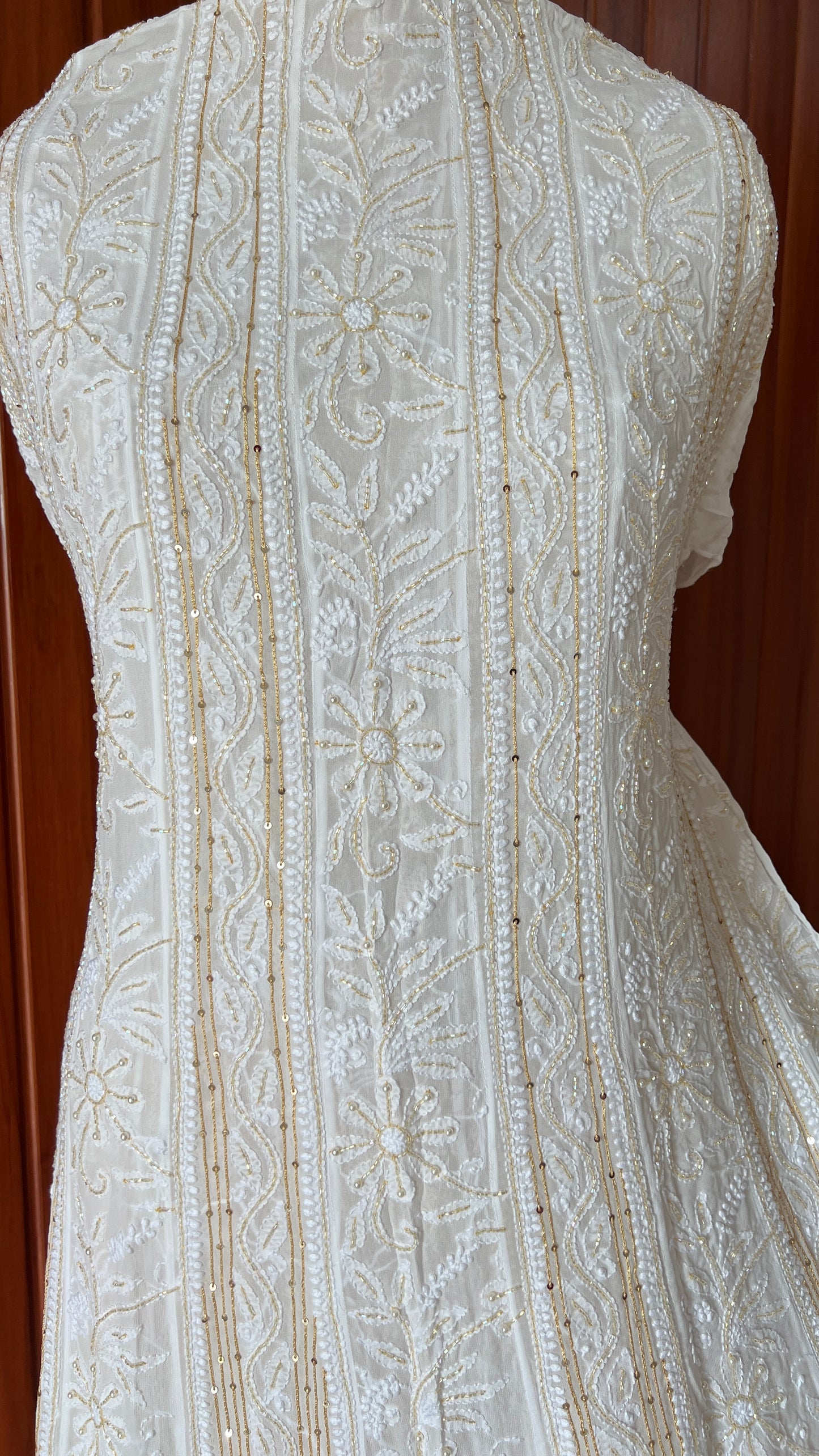 White Chikankari Sequins Cut Dana Anarkali with Dupatta