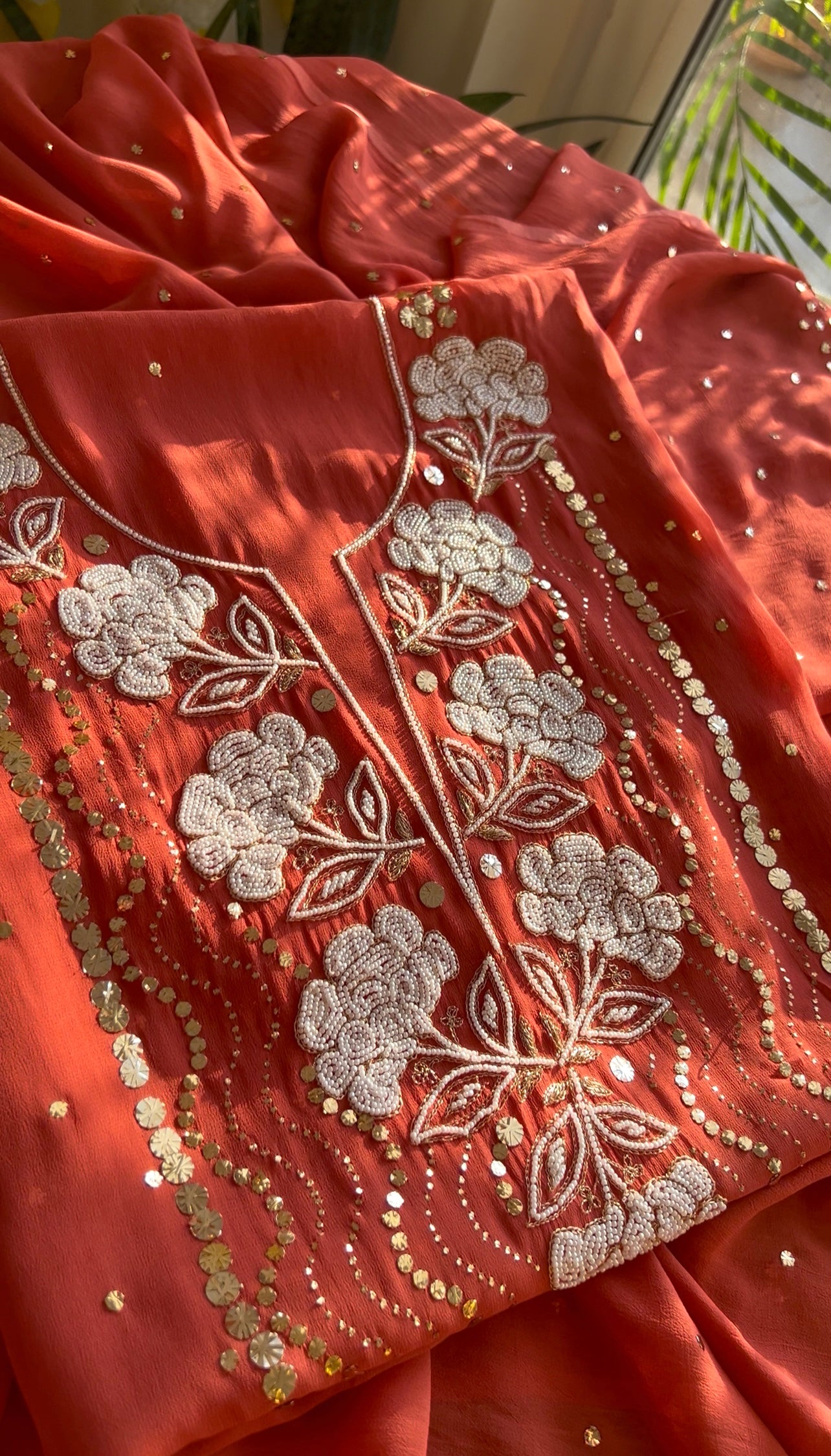 Rust mukaish and pearl work Kurta and Dupatta