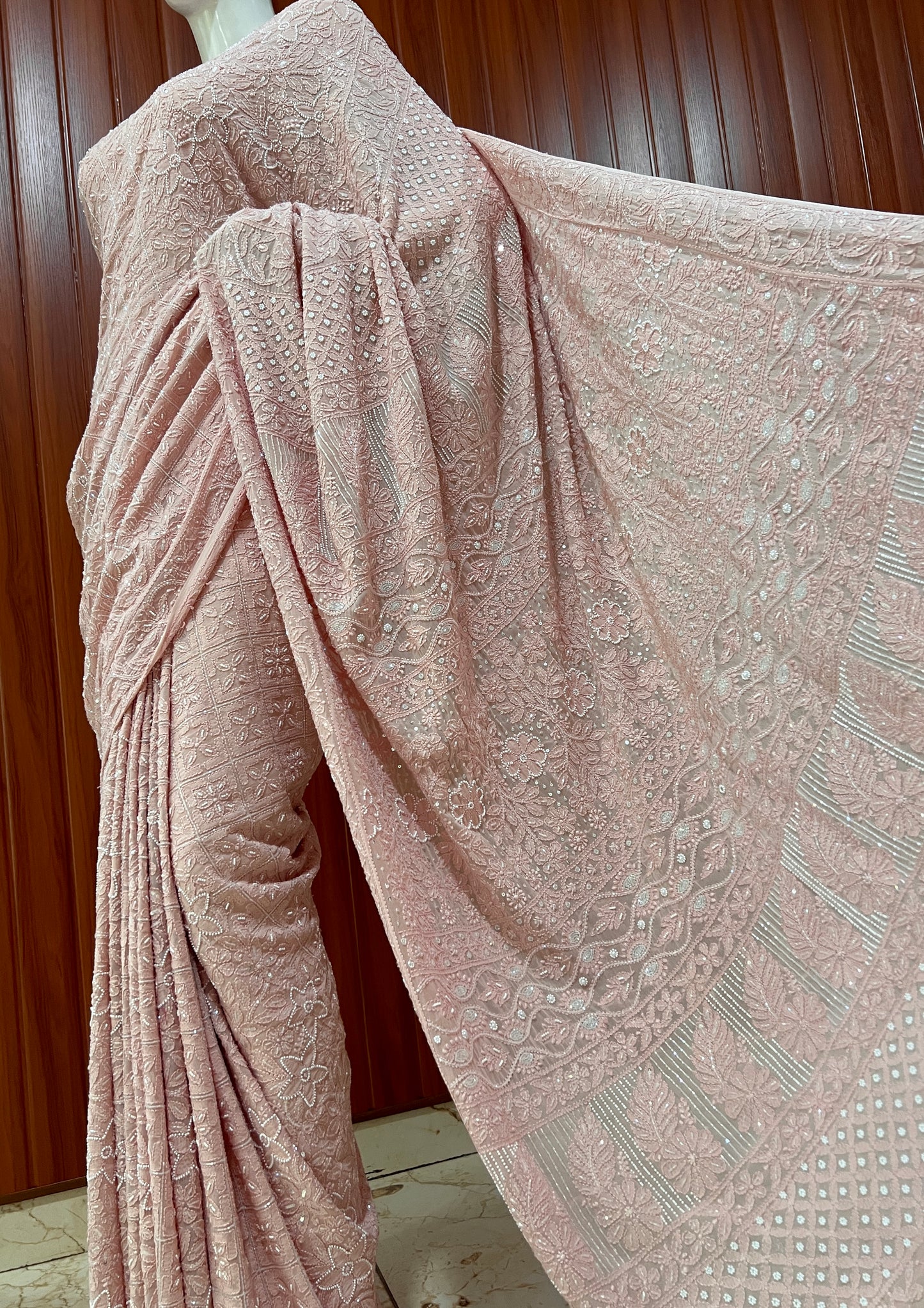 Ruhani Blush Pink Chikankari Pearl Cut Dana and Sequins Saree