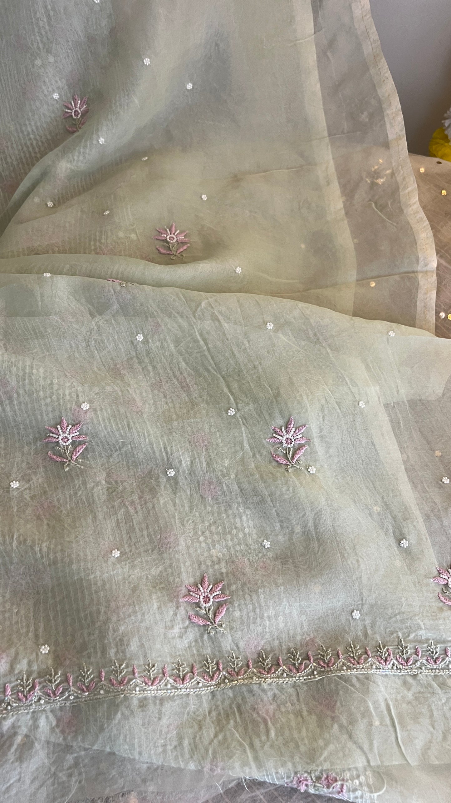 Ruhani Mint Green Chikankari & heavy Sequins pure Organza kurta with dupatta