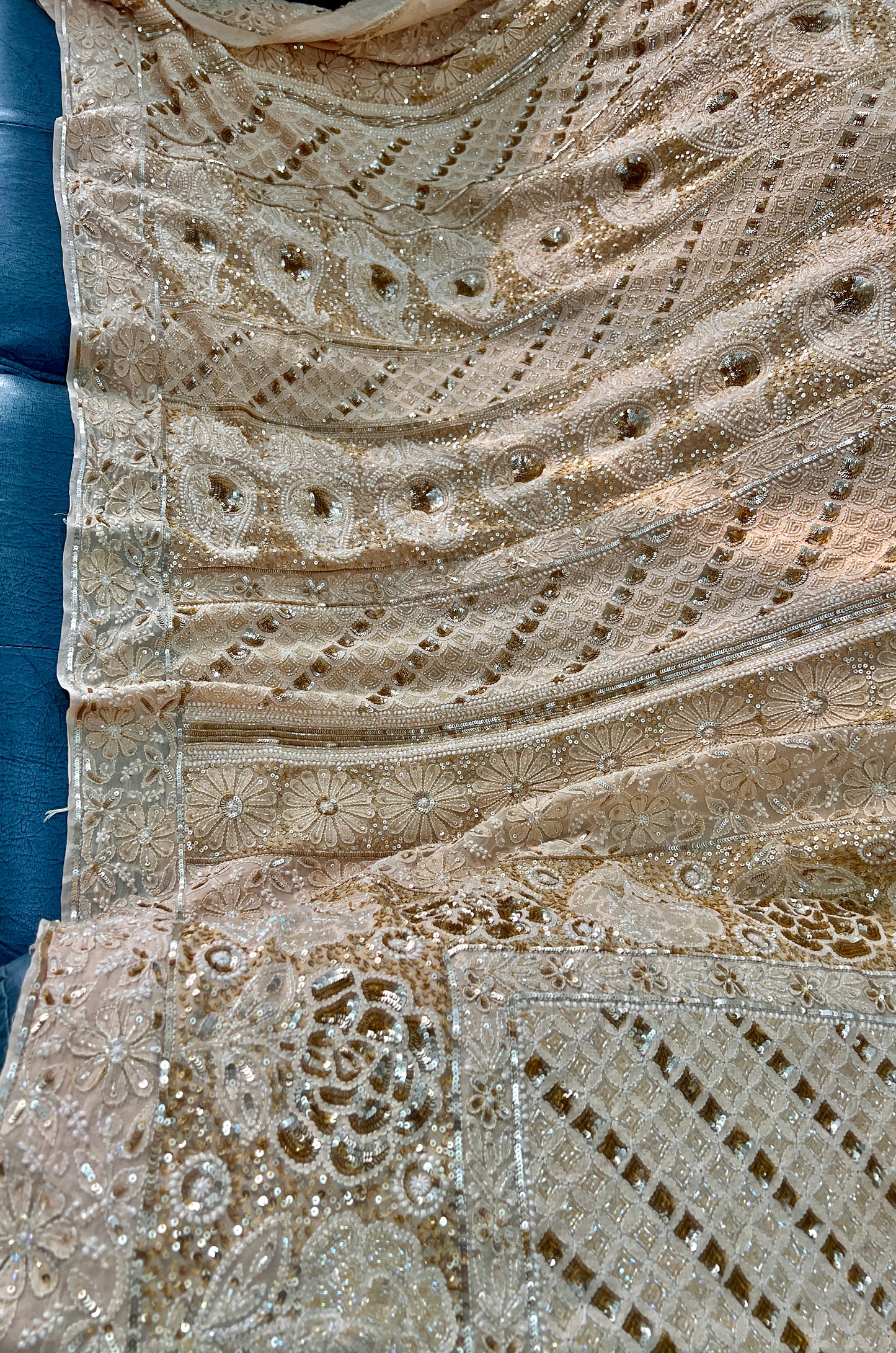 Ruhani Golden Beige Chikankari Sequins Cut Dana Embroidered Masterpiece Saree