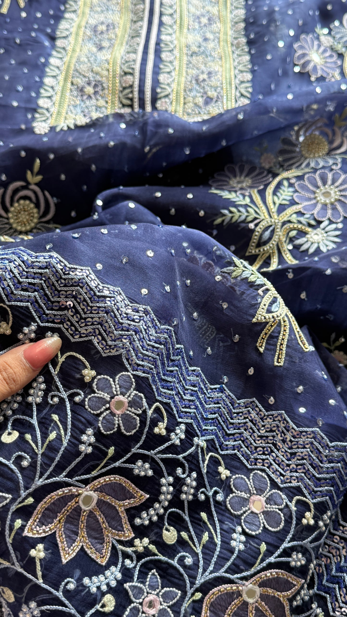Ruhani Navy Blue fine Chikankari pure Organza kurta with dupatta