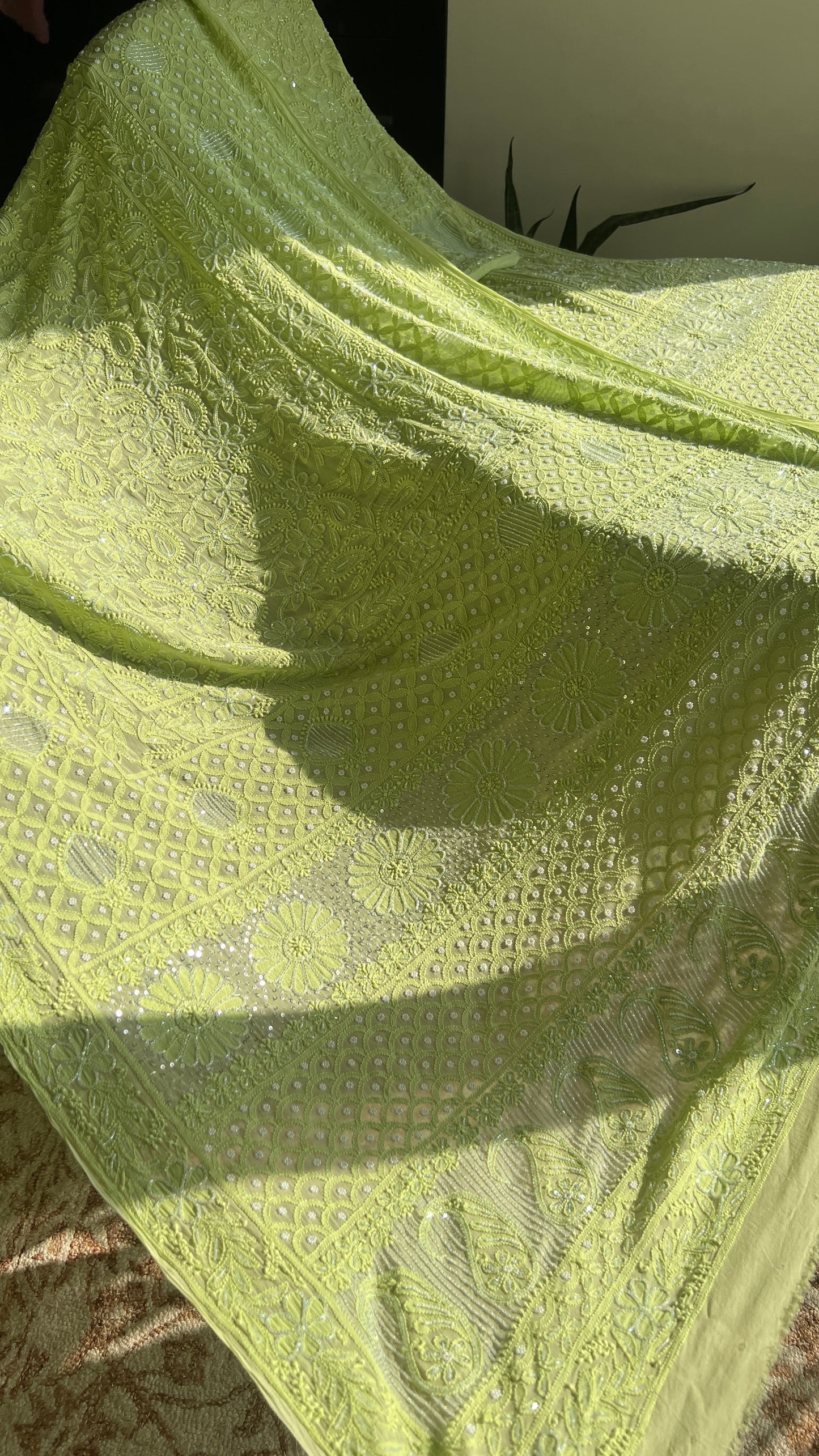 Lime Green Chikankari Cut Dana and Pearl Lehenga
