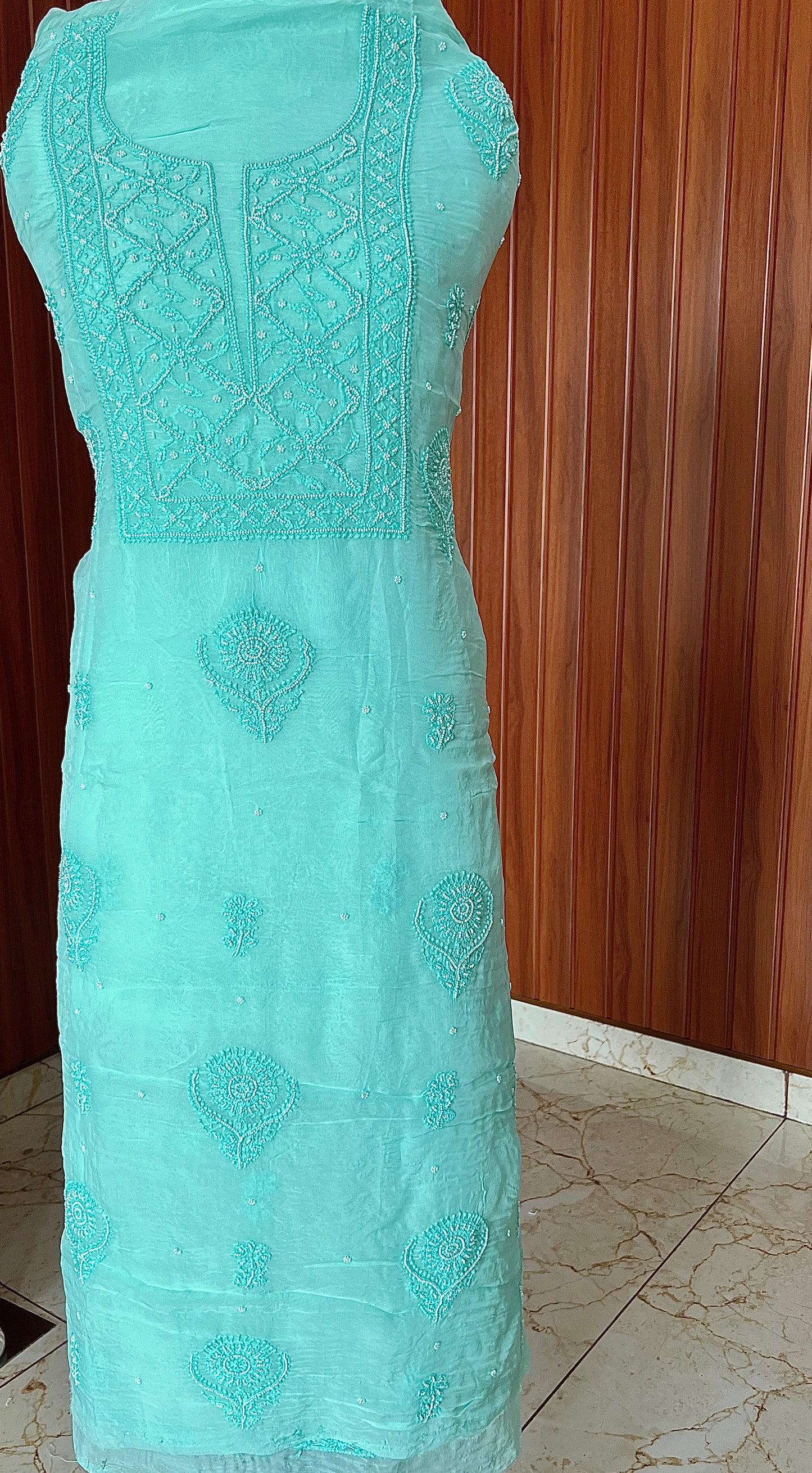 Sea green Chikankari and pearl work Organza kurta with dupatta
