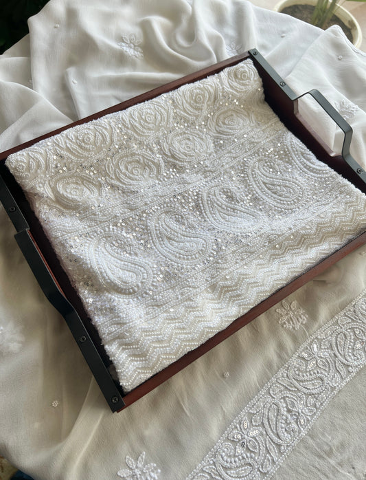 White fine Chikankari Pearl and sequins Embroidered Kurta and Dupatta