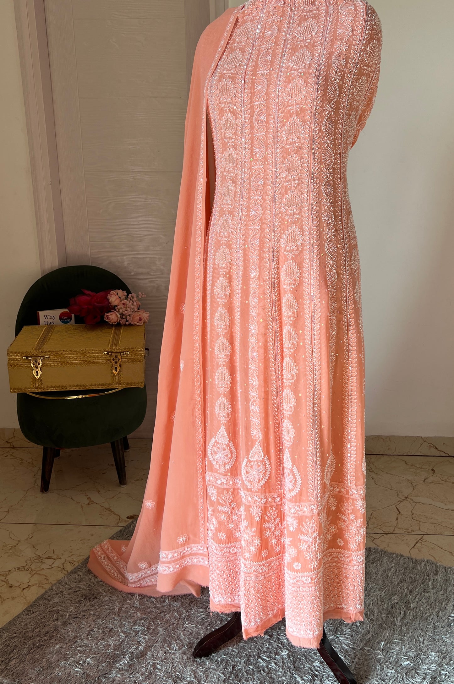 Peach fine Chikankari pearl and sequins Anarkali with Dupatta
