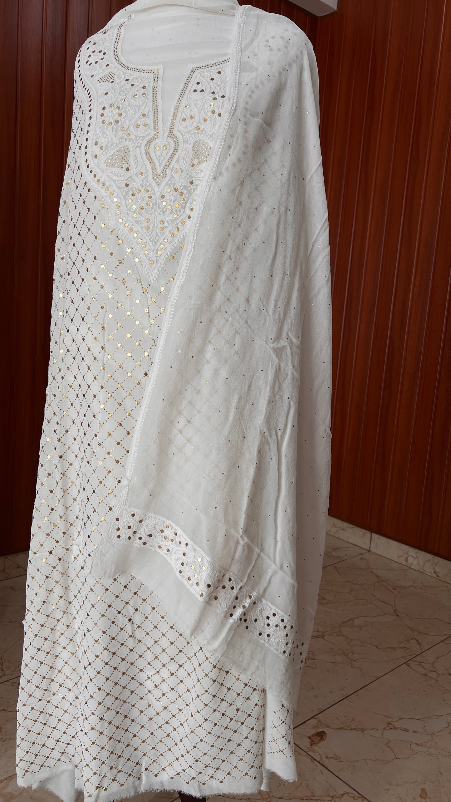 White chikankari and heavy mukaish Work Kurta and Dupatta Set