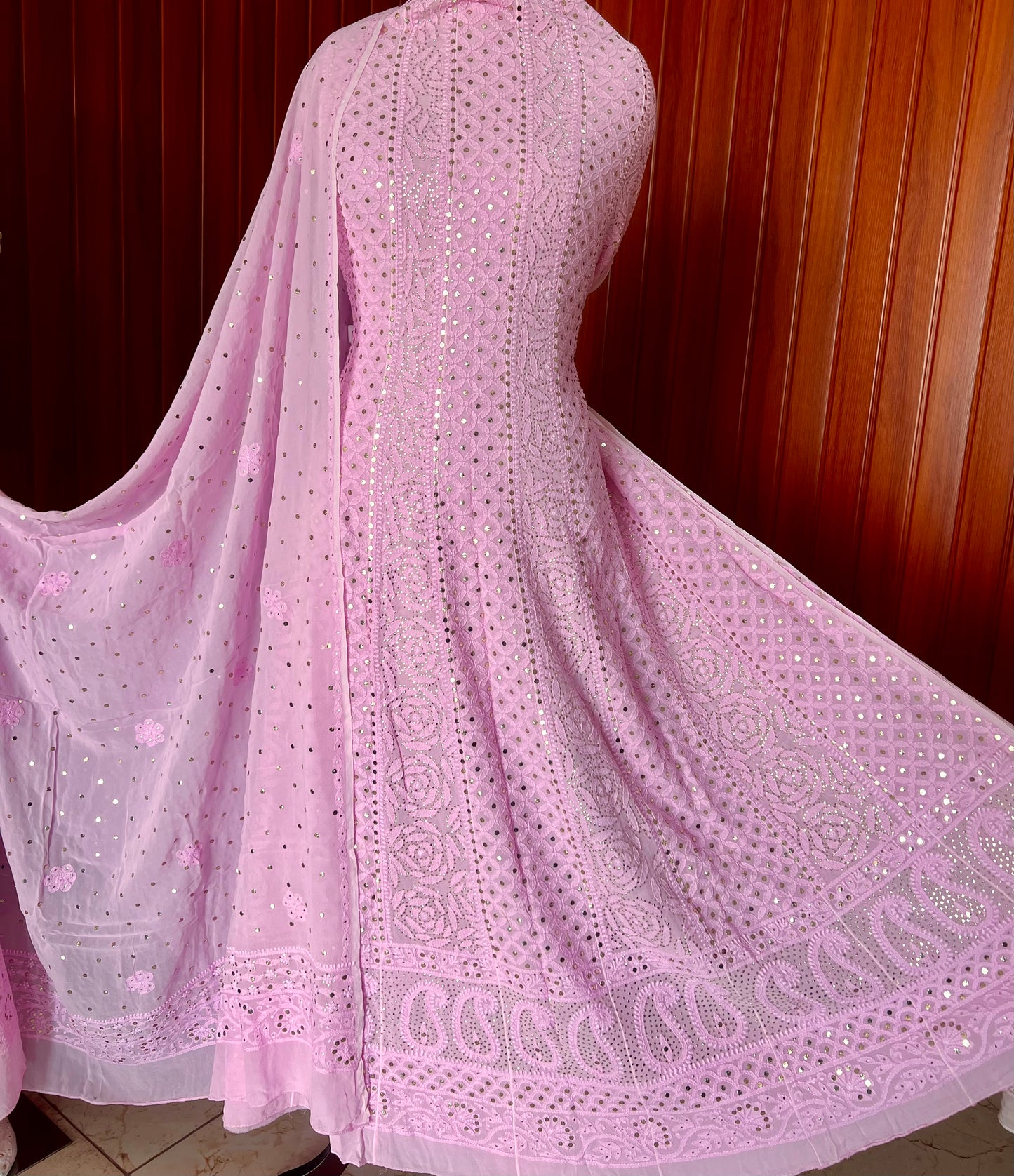 Bright Pink Allover Chikankari and Heavy Mukaish Anarkali with Dupatta