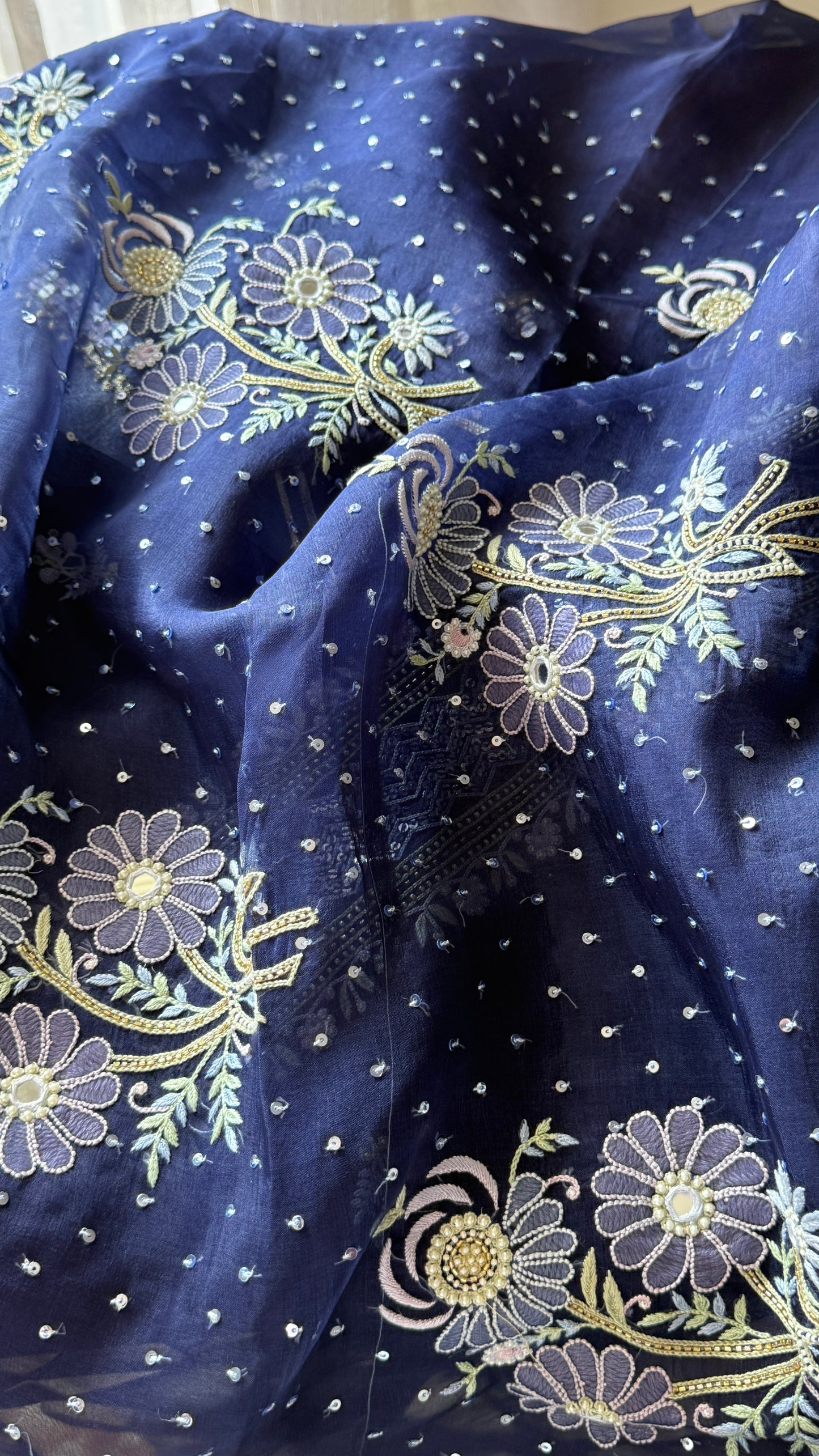 Ruhani Navy Blue fine Chikankari pure Organza kurta with dupatta