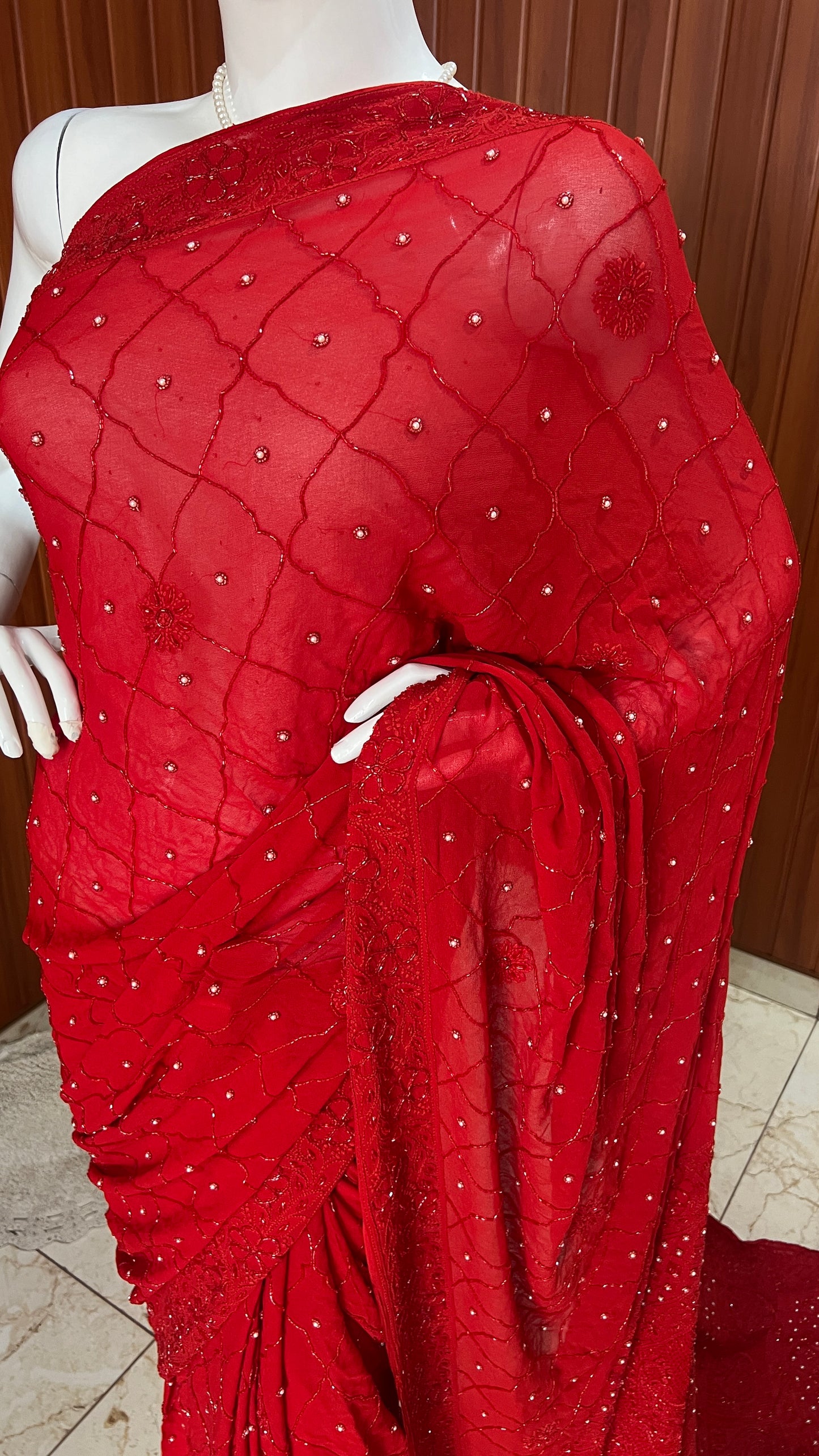 Ruhani Red Chikankari Cut Dana and pearl Saree