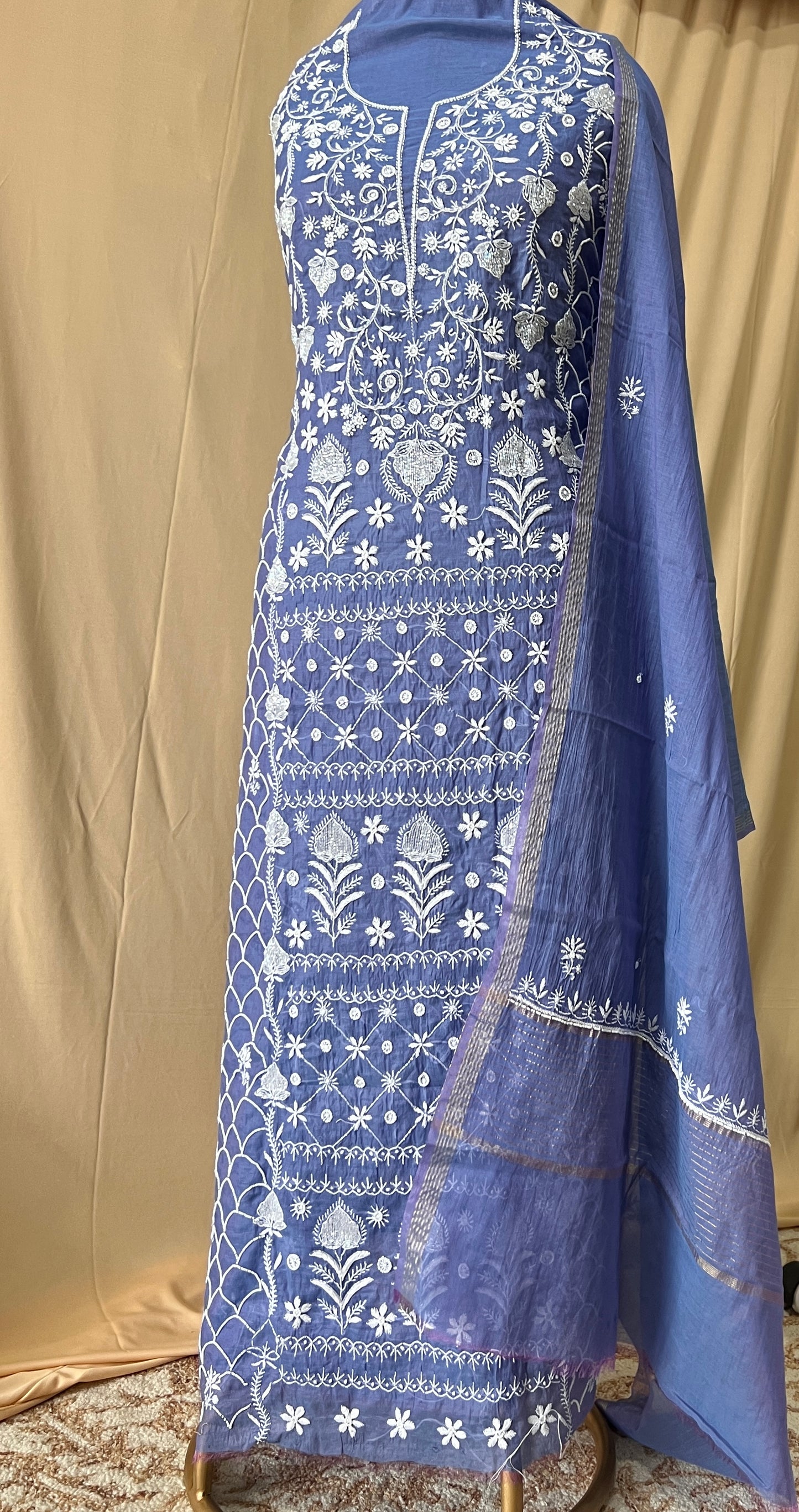 Mauvish blue Mul Chanderi Kurta and Dupatta