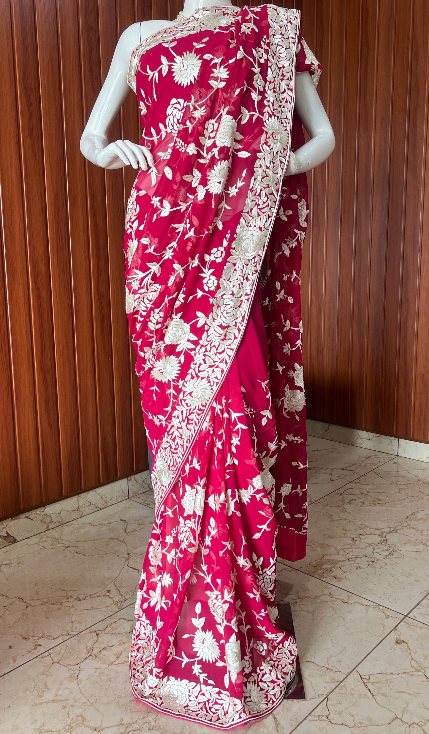 Crimson Parsi Gara Hand Embroidered Saree