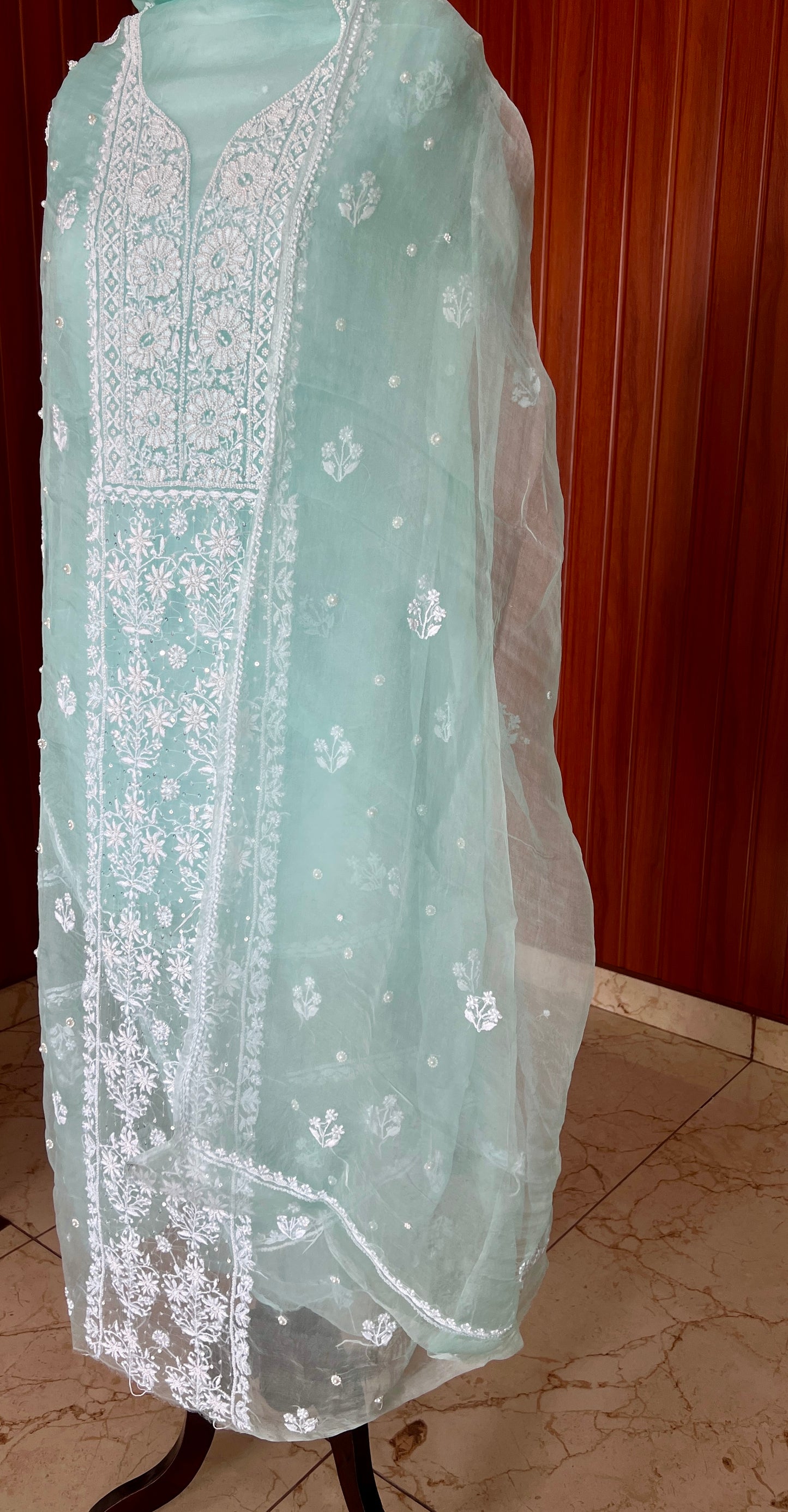 Sea Green Chikankari and pearl work pure Organza kurta with dupatta