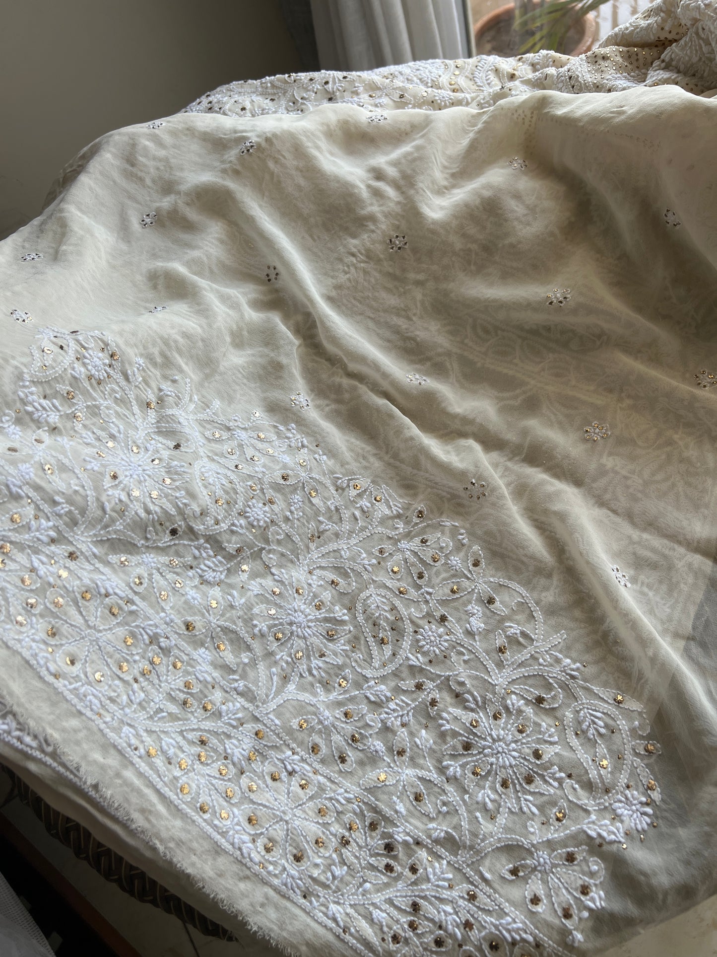 Ruhani Ivory Allover Fine Chikankari and Mukaish Saree