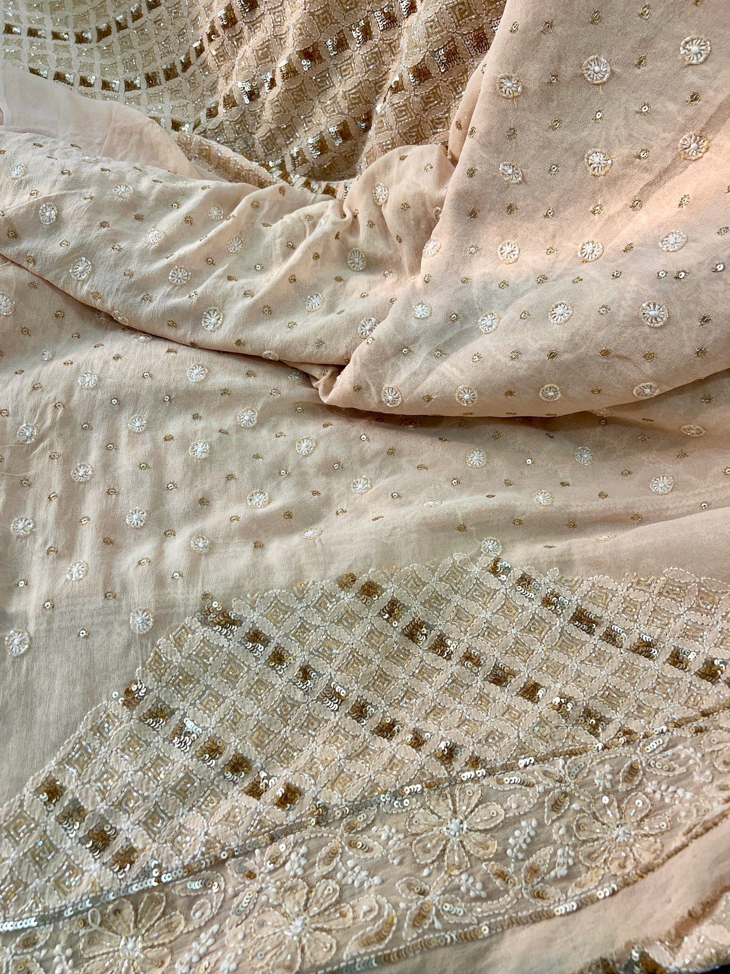Ruhani Golden Beige Chikankari Sequins Cut Dana Embroidered Masterpiece Saree