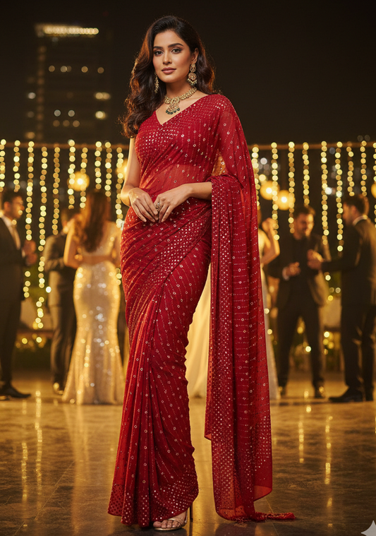 Ruhani Crimson Red Allover Mukaish Pure Georgette Saree