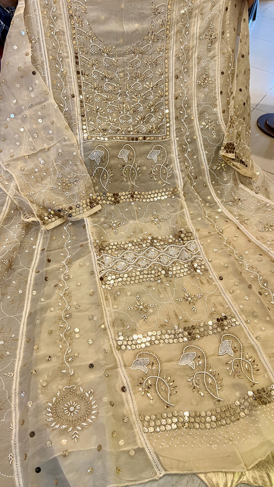 Pure Organza Anarkali with mukaish sequins and pearl work