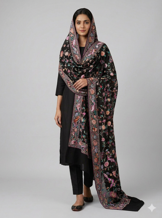 Black and Multicolored Masterpiece Parsi Gara Hand Embroidered Dupatta