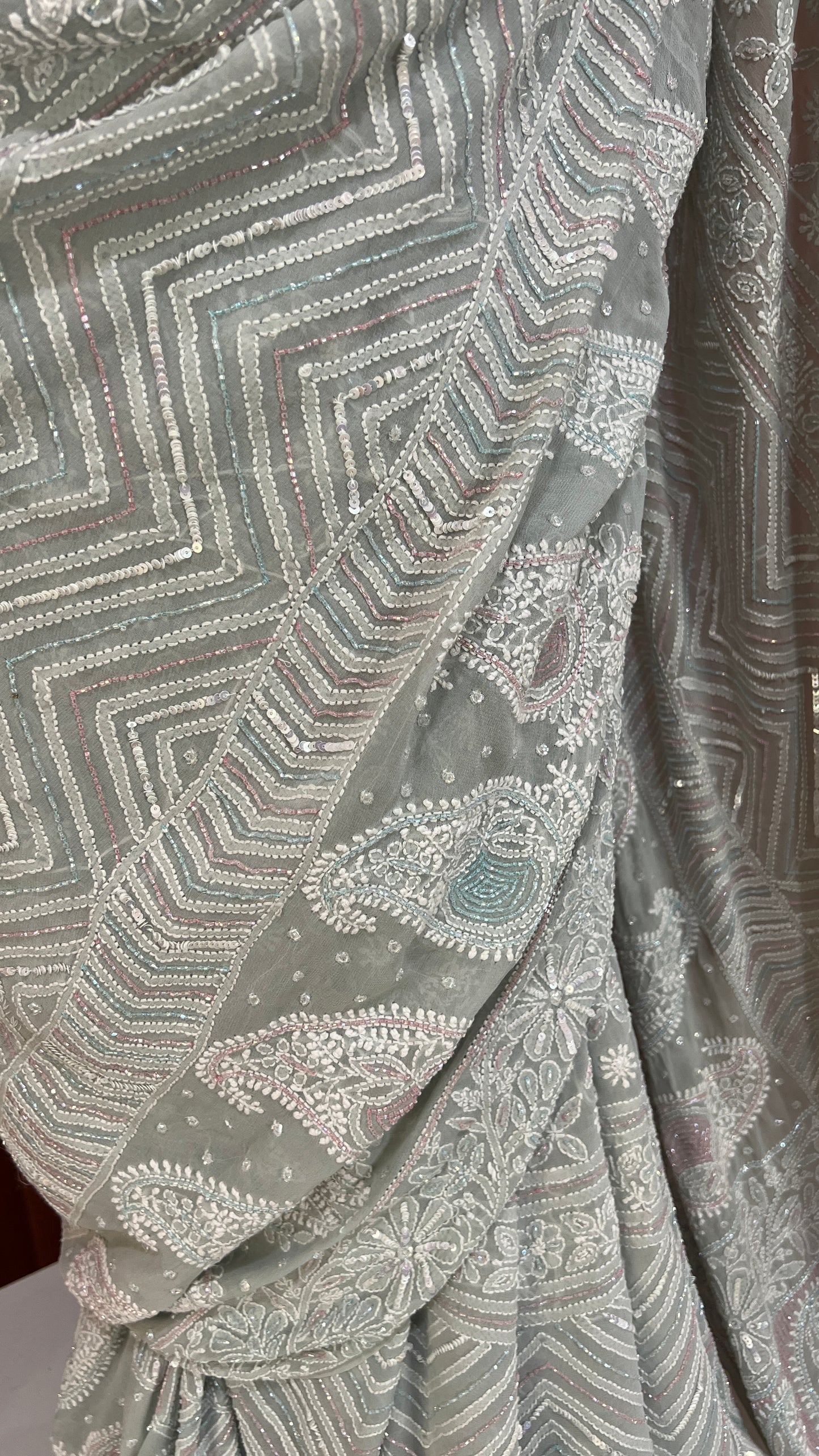 Ruhani Sage Blue Chikankari Cut Dana and Sequins Saree