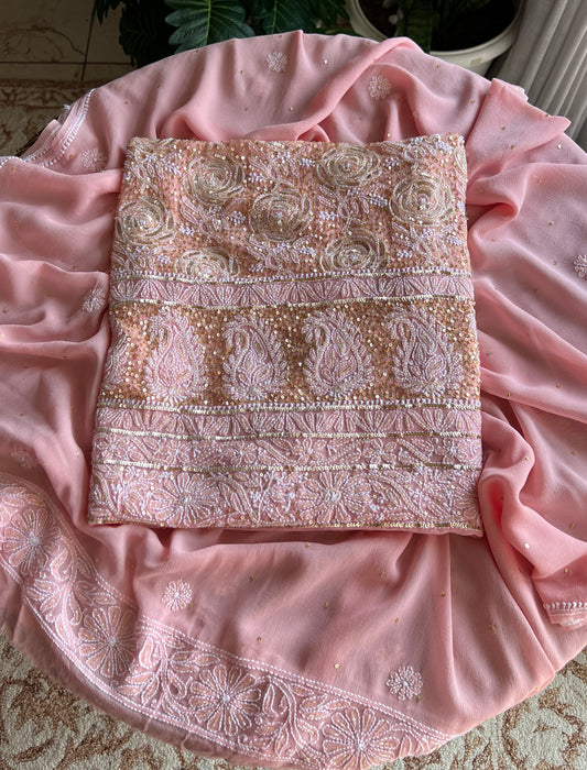 Ruhani Blush peach Chikankari golden cut dana sequins kurta and dupatta
