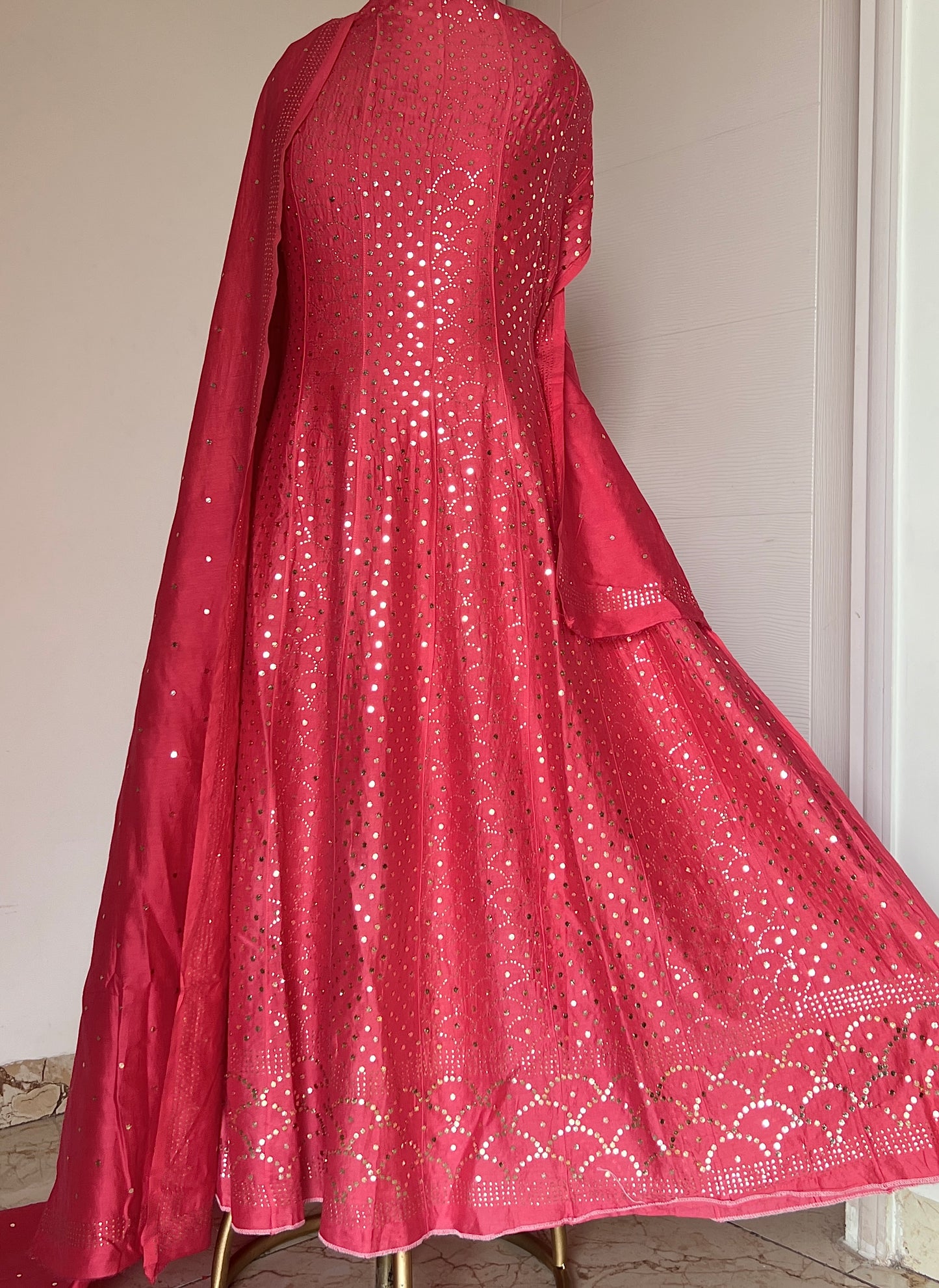 Bright Rose Pink Allover Heavy Mukaish Chanderi Silk Anarkali with Dupatta