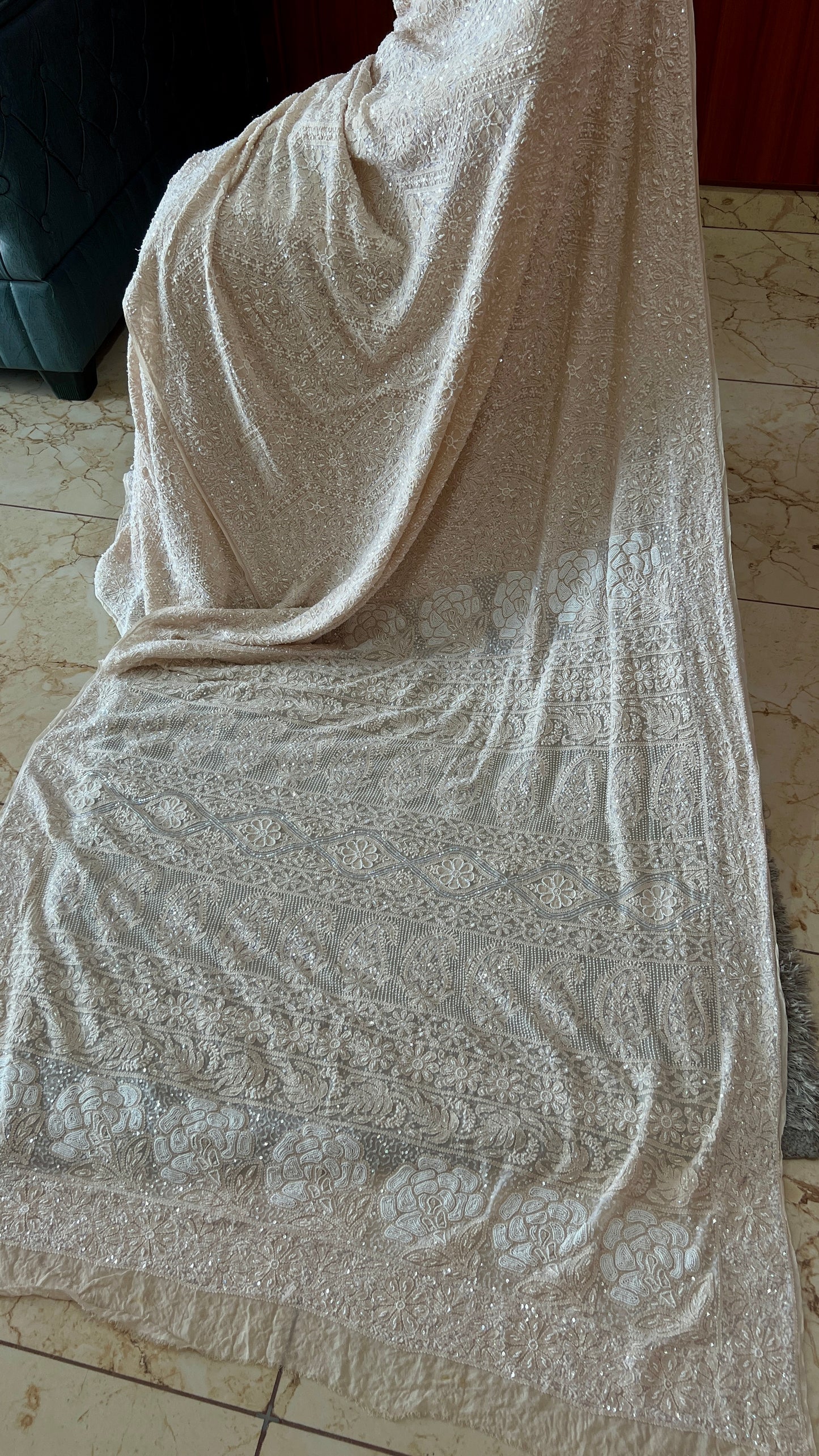 Ruhani Champagne Chikankari Cut Dana and Sequins Saree