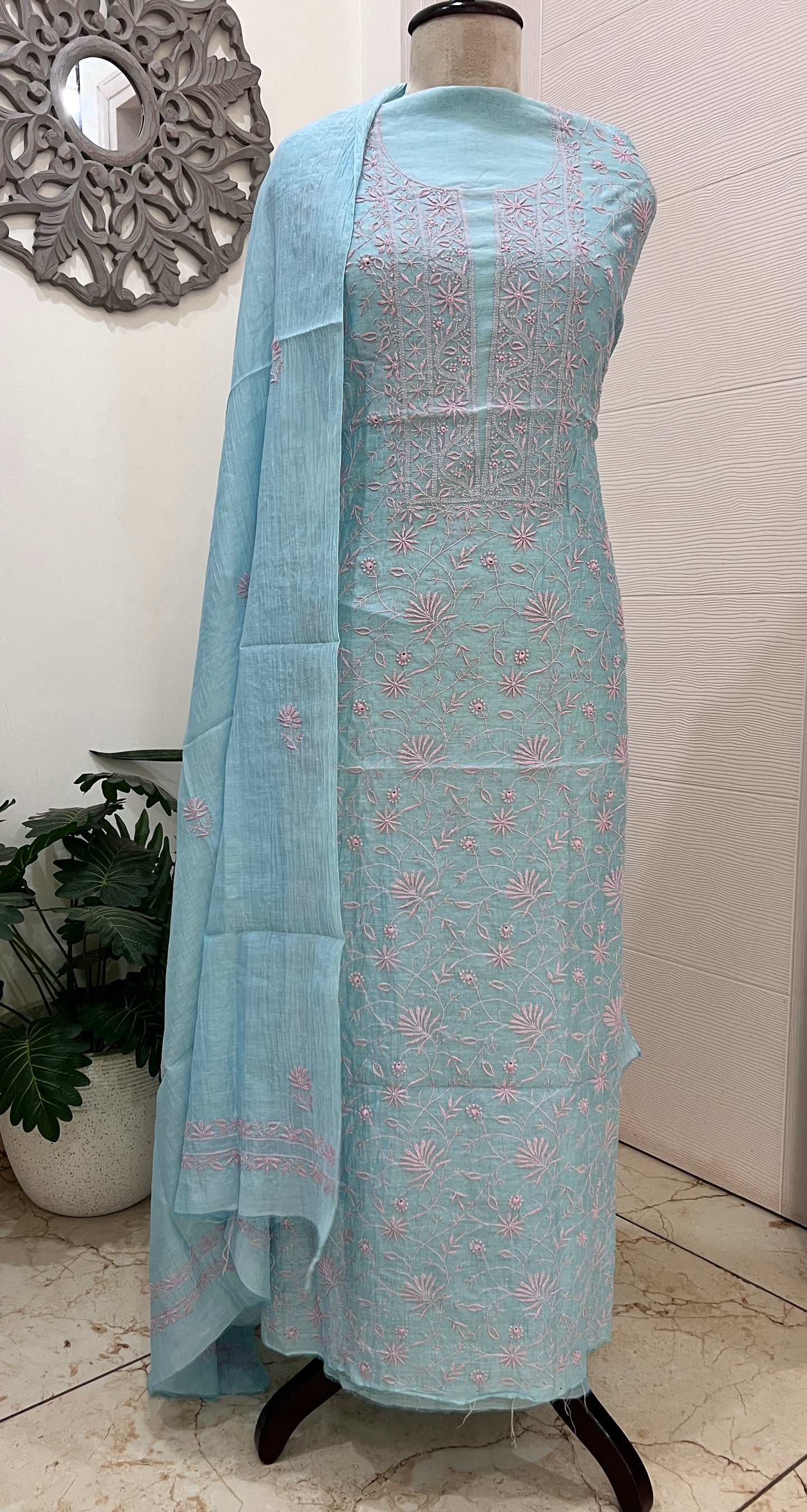 Firozi and pink Mul chanderi Chikankari embroidered kurta and dupatta