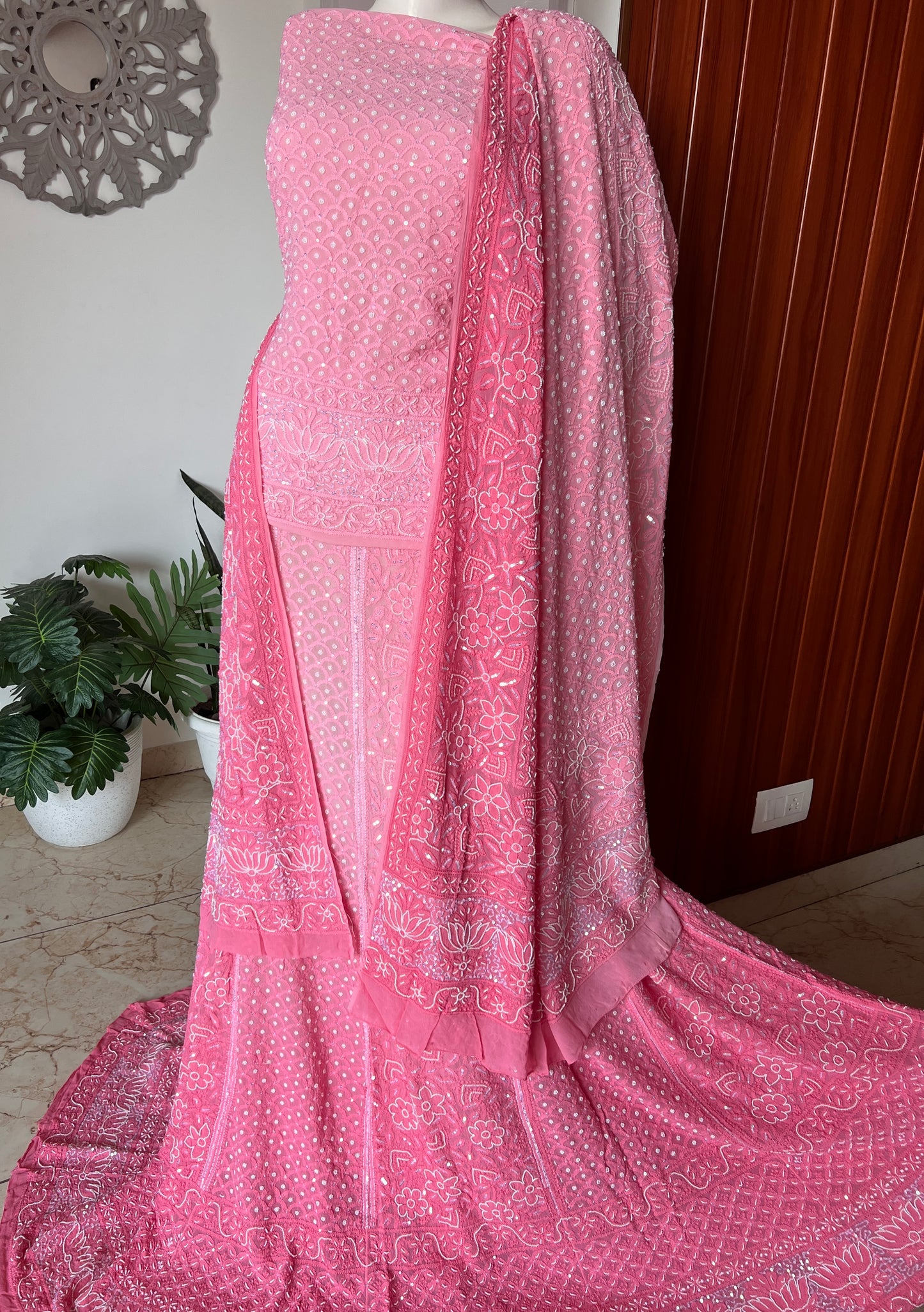 Ombré peach and pink Chikankari Pearl Sequins Lehenga