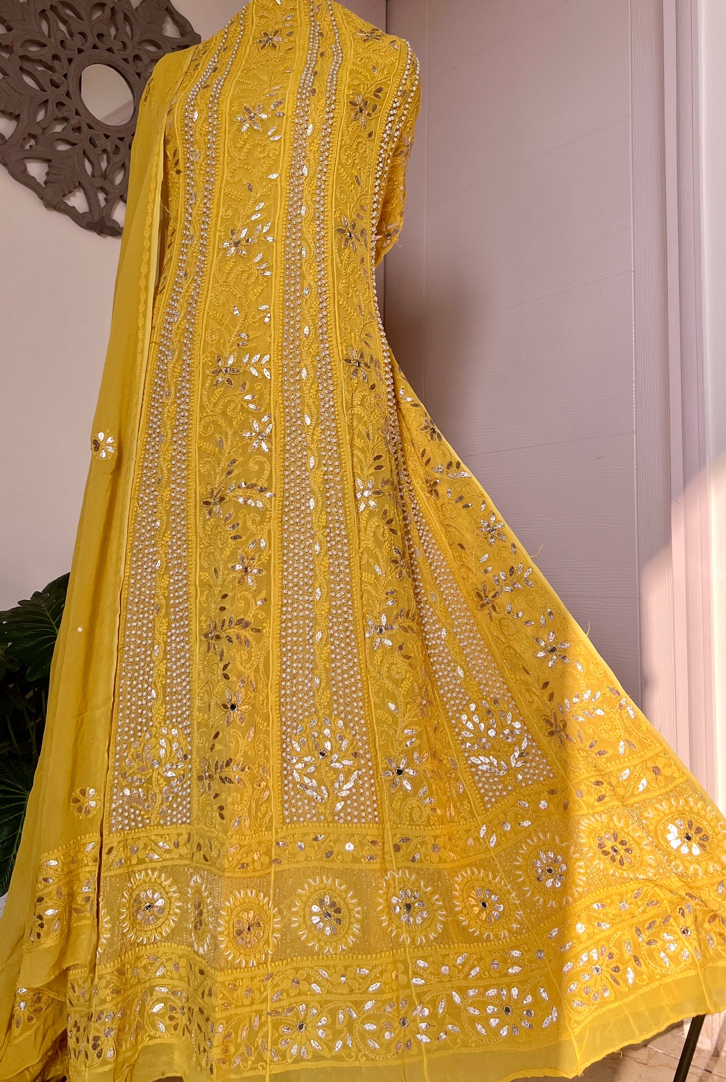 Yellow Chikankari pearl and Gota Patti Anarkali